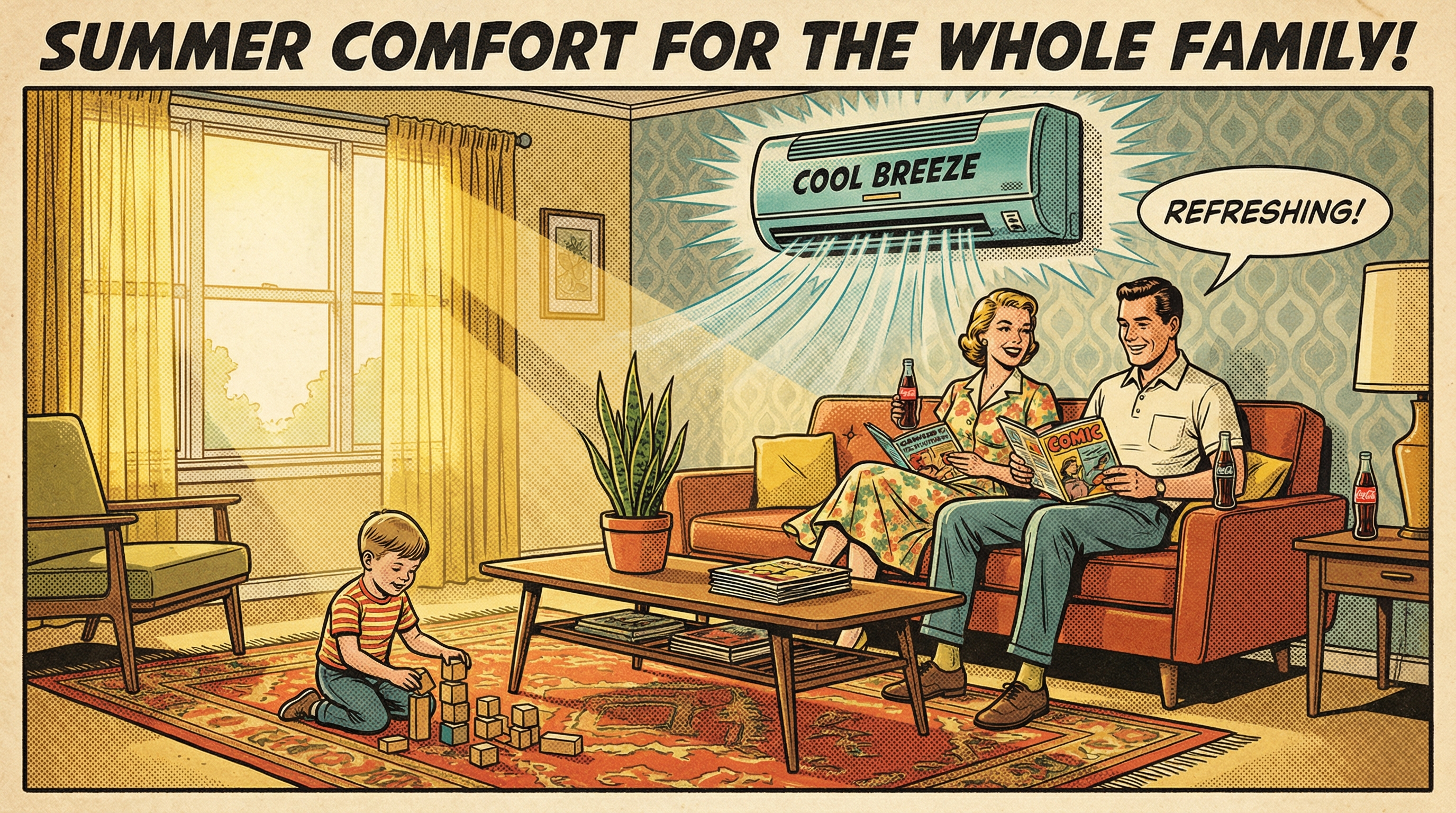 A cozy living room scene depicting a family enjoying a comfortable summer day