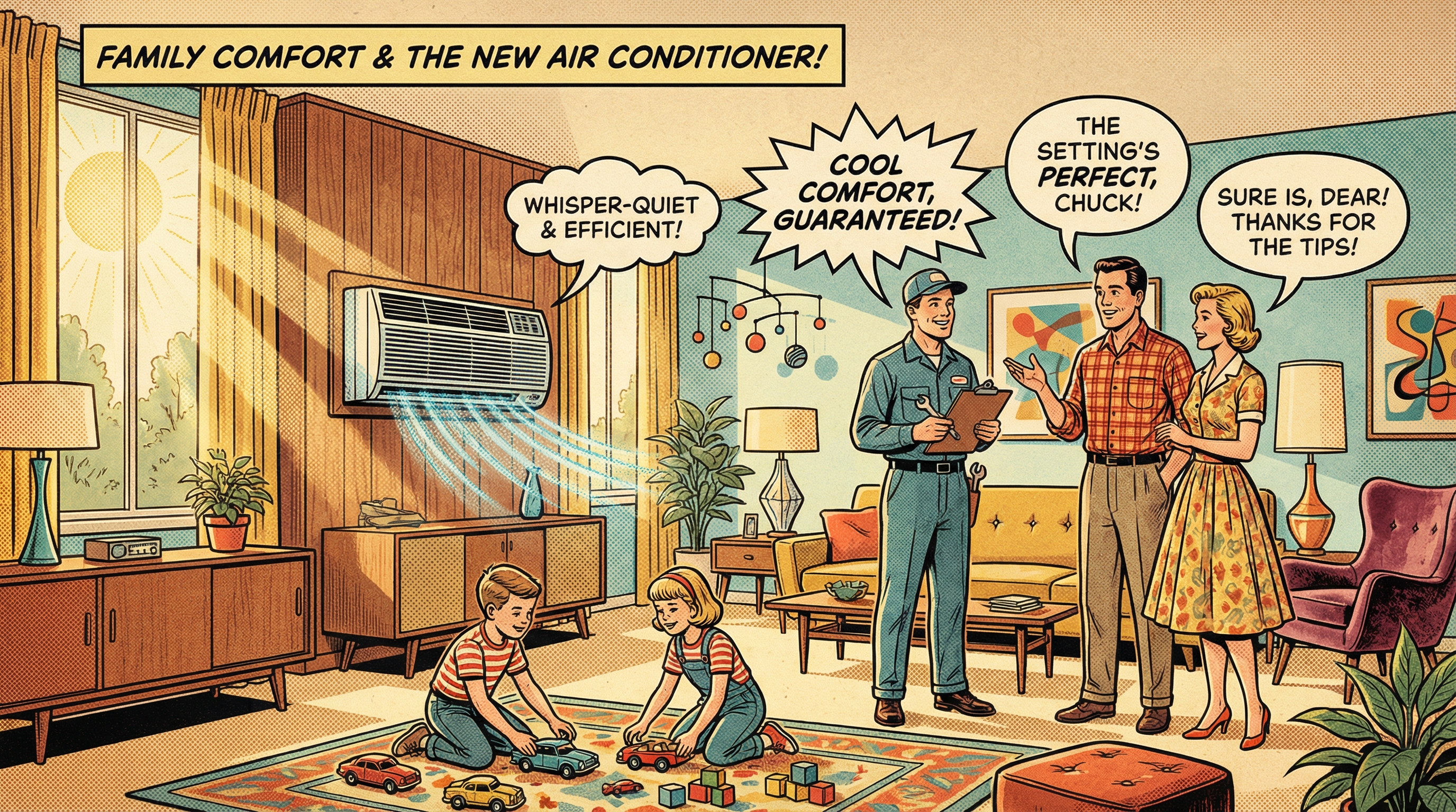 A warm and inviting living room scene featuring a family interacting with a newly installed air conditioner