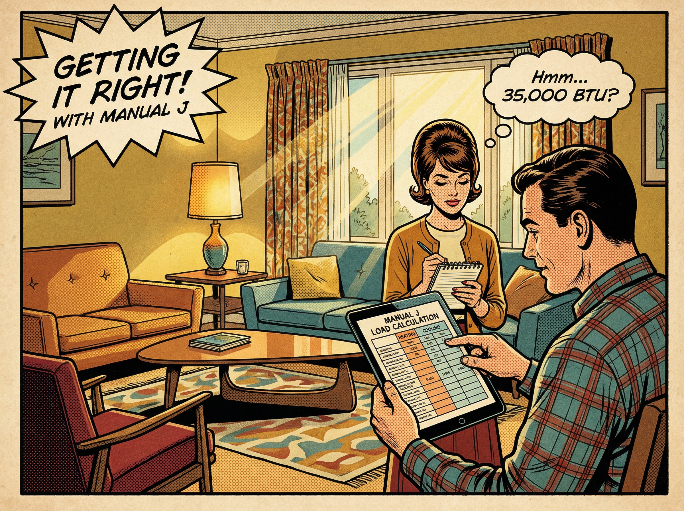 A cozy living room setting in a mid-century American home with a couple reviewing a Manual J load calculation chart for their