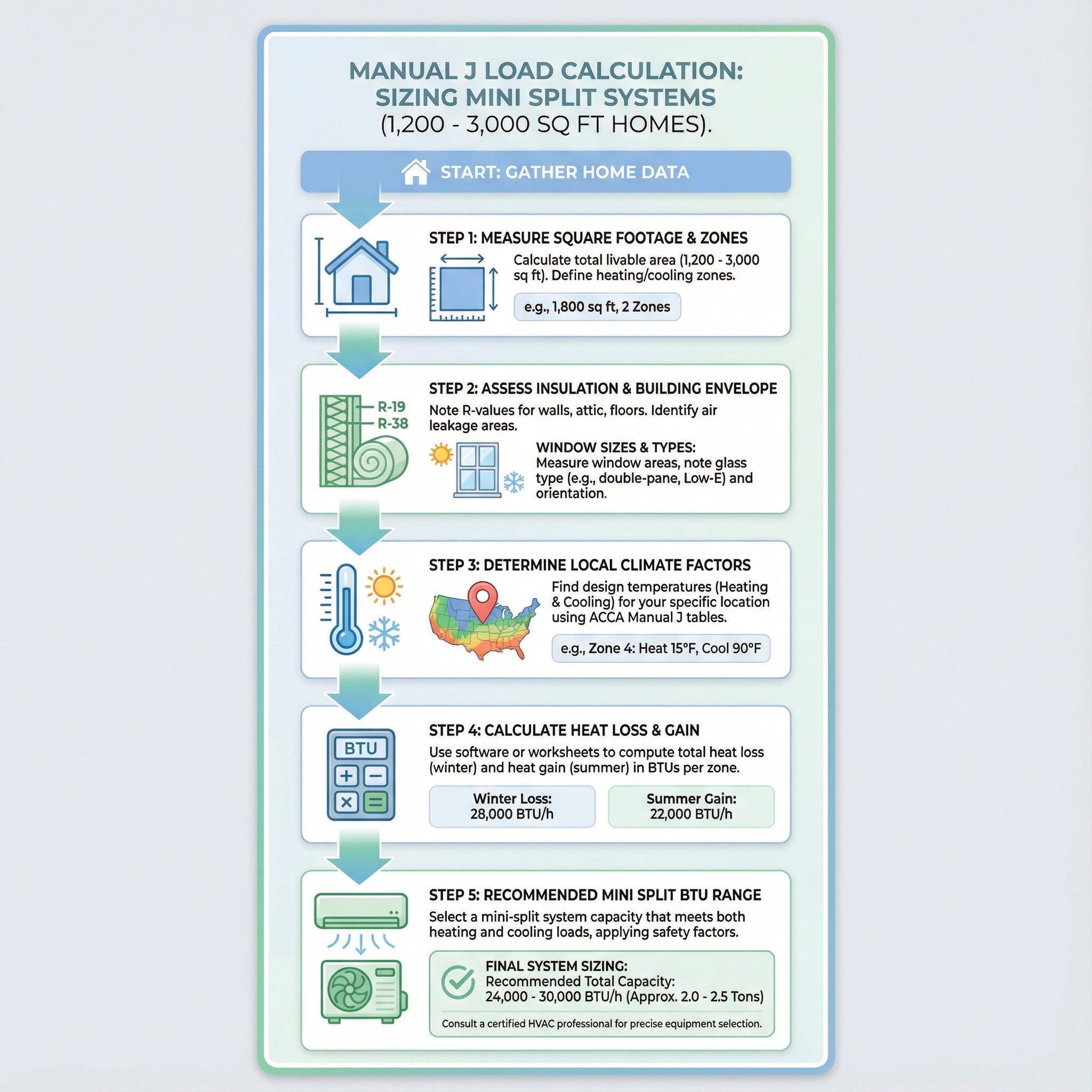An infographic illustrating the process of conducting a Manual J load calculation for sizing a mini split system in homes ran