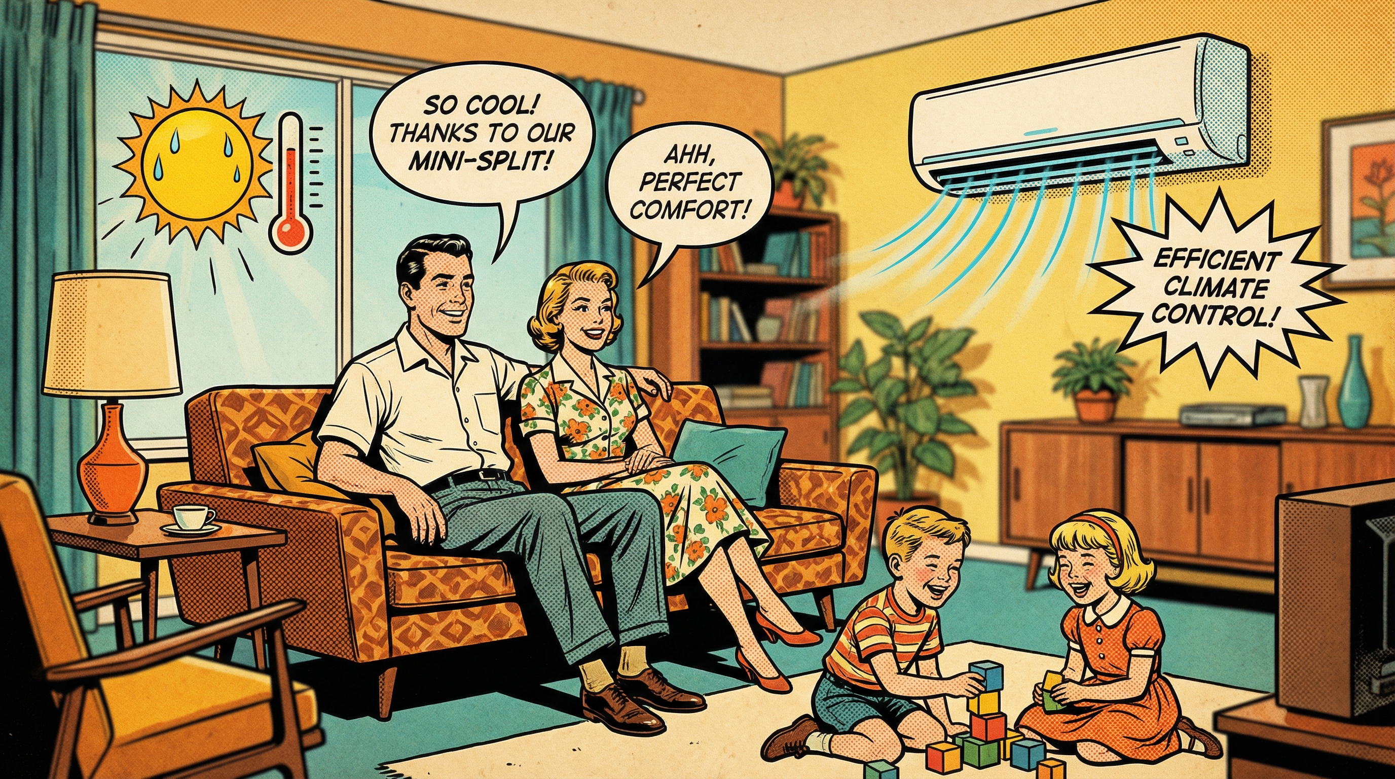 A family in a cozy living room setting, enjoying the comfort of a mini split air conditioning unit during a hot summer day