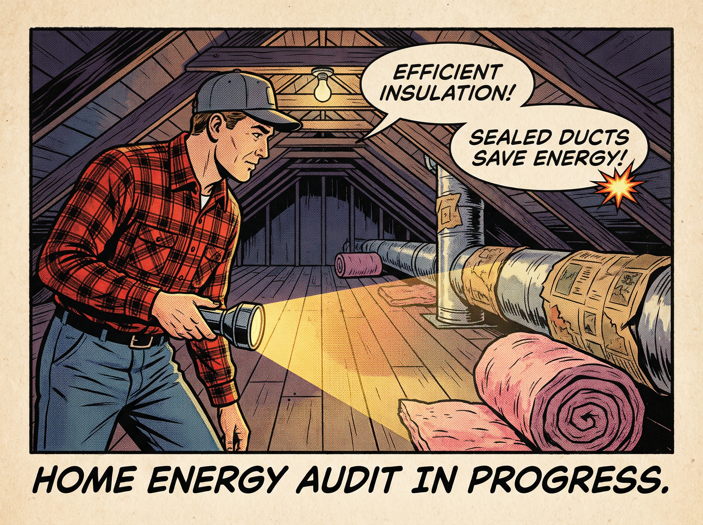 A mid-century home energy auditor inspecting an attic filled with insulation and HVAC ductwork