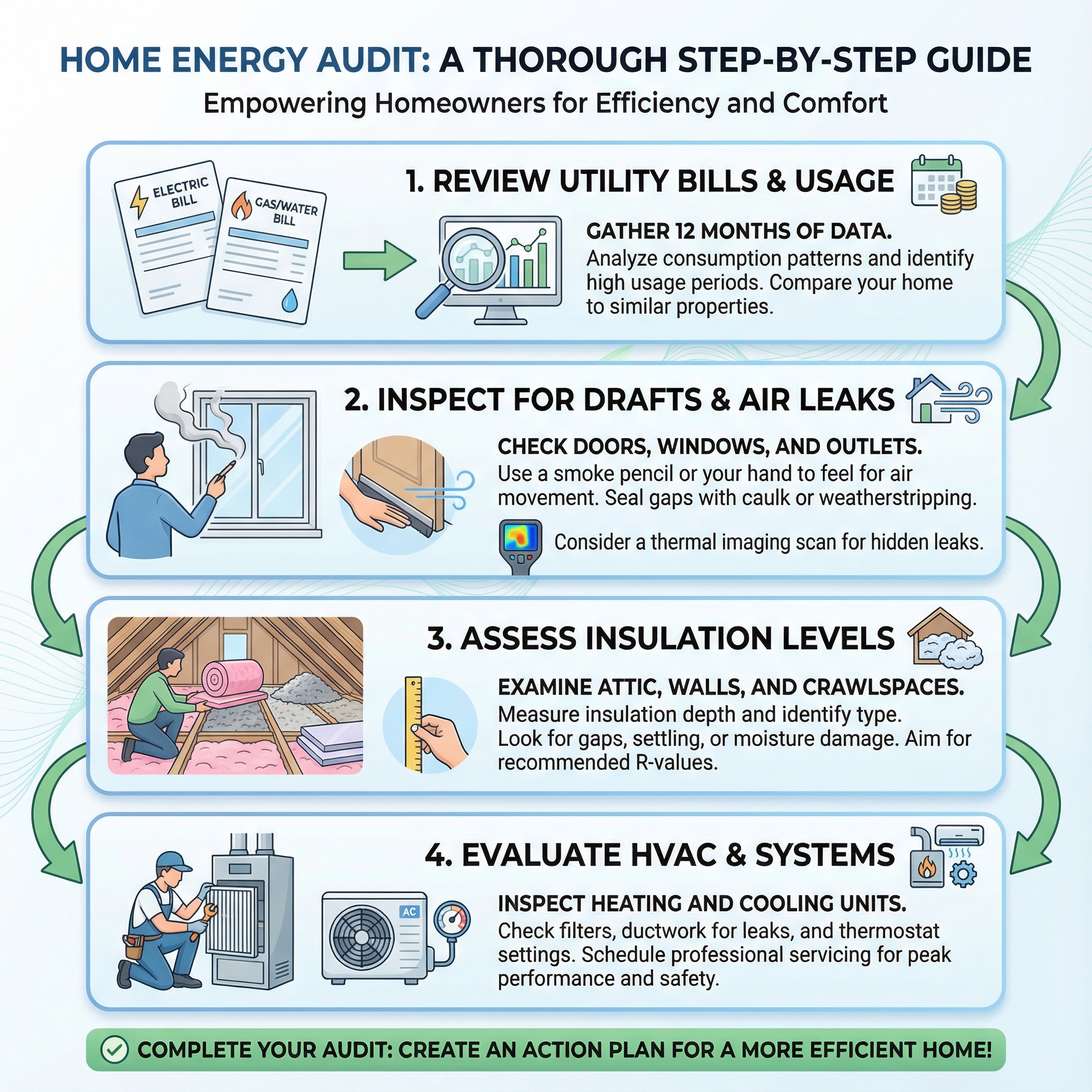 An infographic detailing the steps involved in conducting a thorough home energy audit
