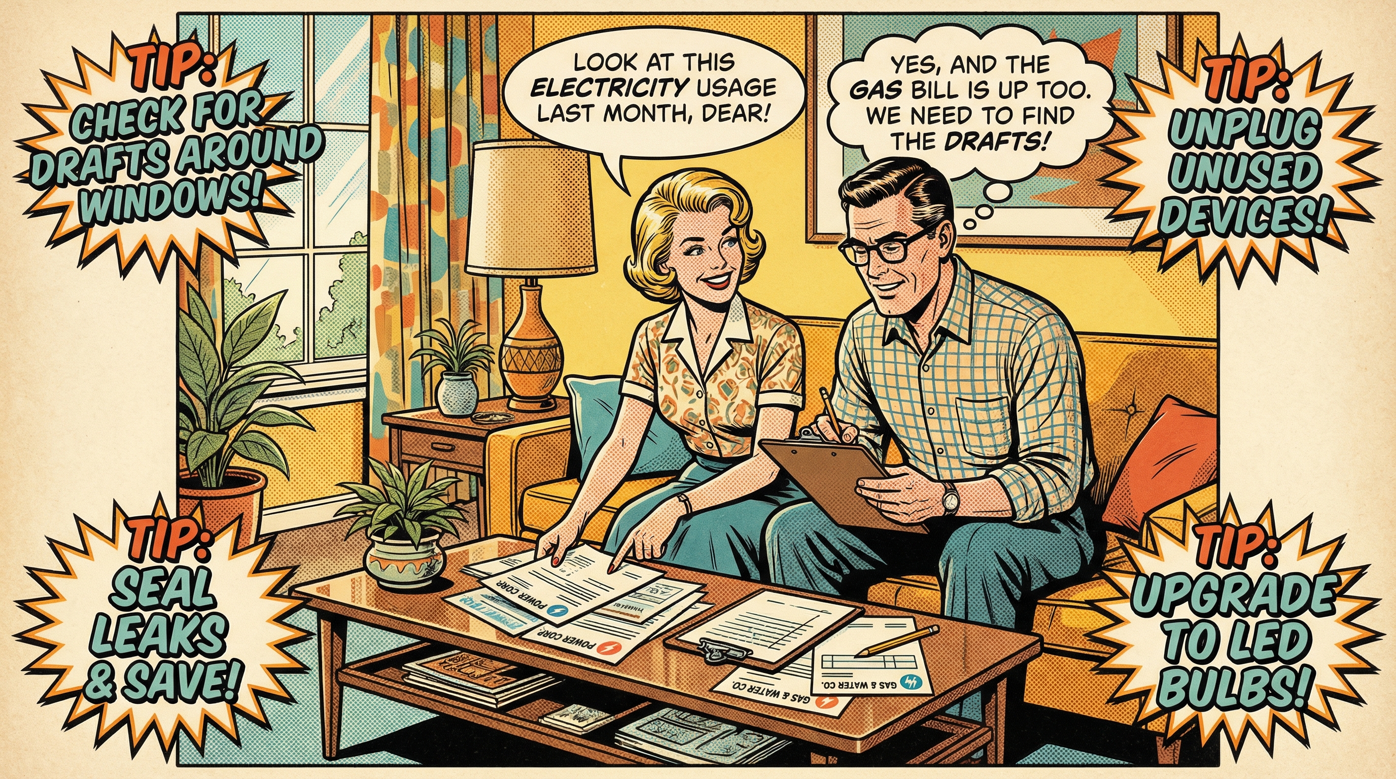 A friendly, middle-aged couple standing in their living room, analyzing utility bills spread out on a stylish vintage coffee 