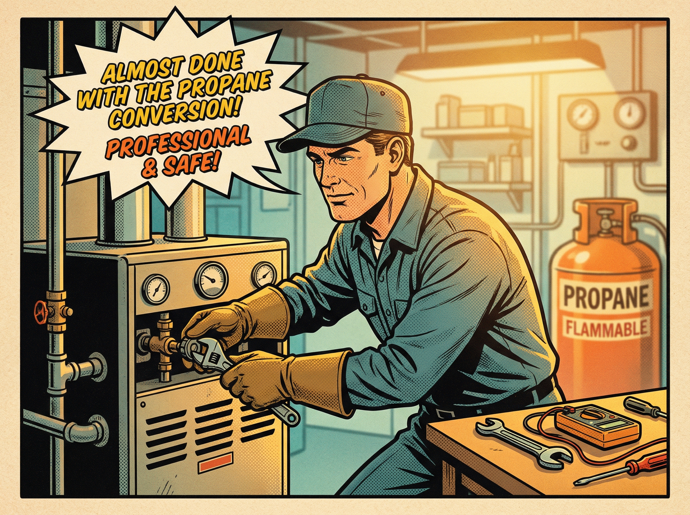 A skilled HVAC technician is standing in a well-lit basement, carefully inspecting a heating system that is transitioning fro