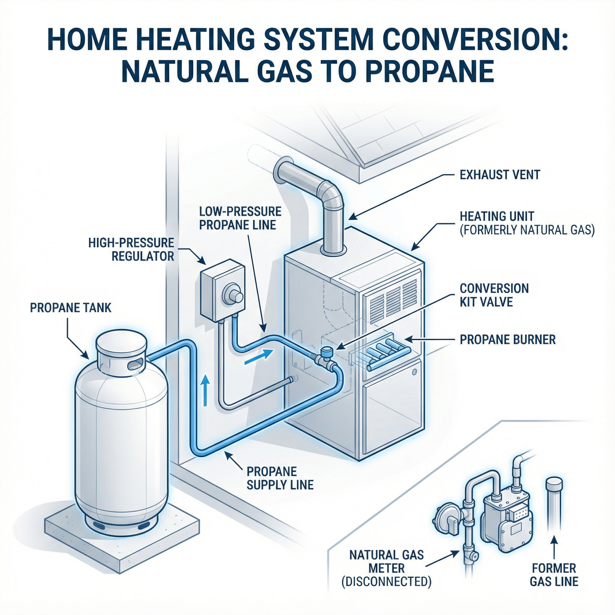 A technical illustration depicting the conversion process of a home heating system from natural gas to propane