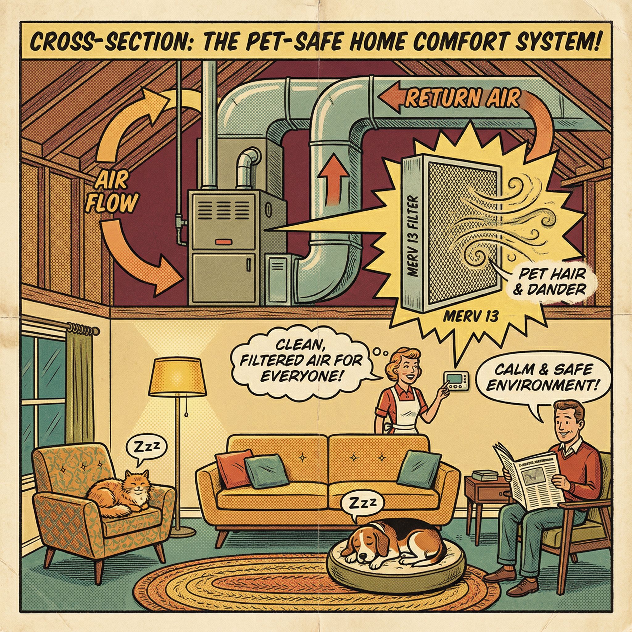 A cross-section view of a family living room featuring a pet-friendly HVAC system in action