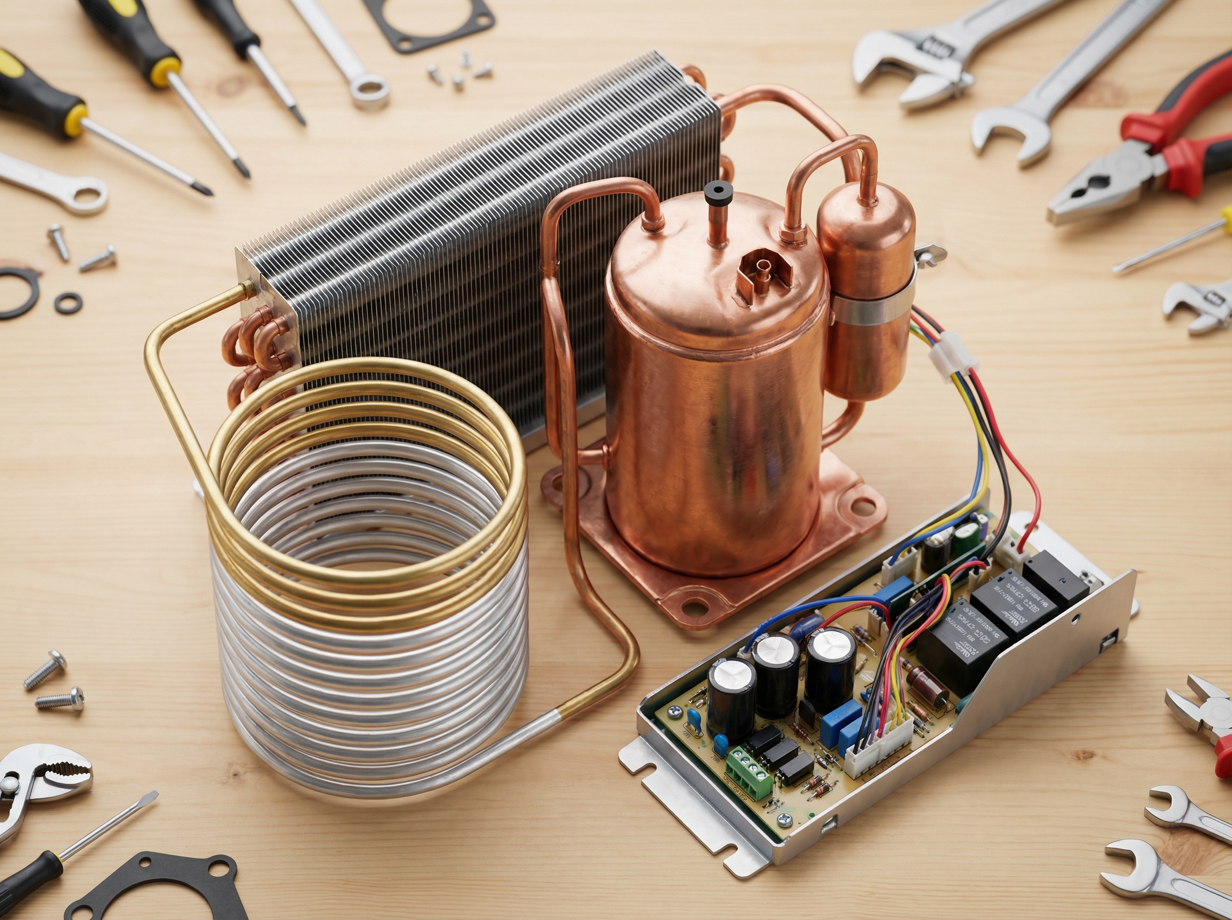A close-up view of a dismantled air conditioner highlighting various components like the compressor, refrigerant loop, and el