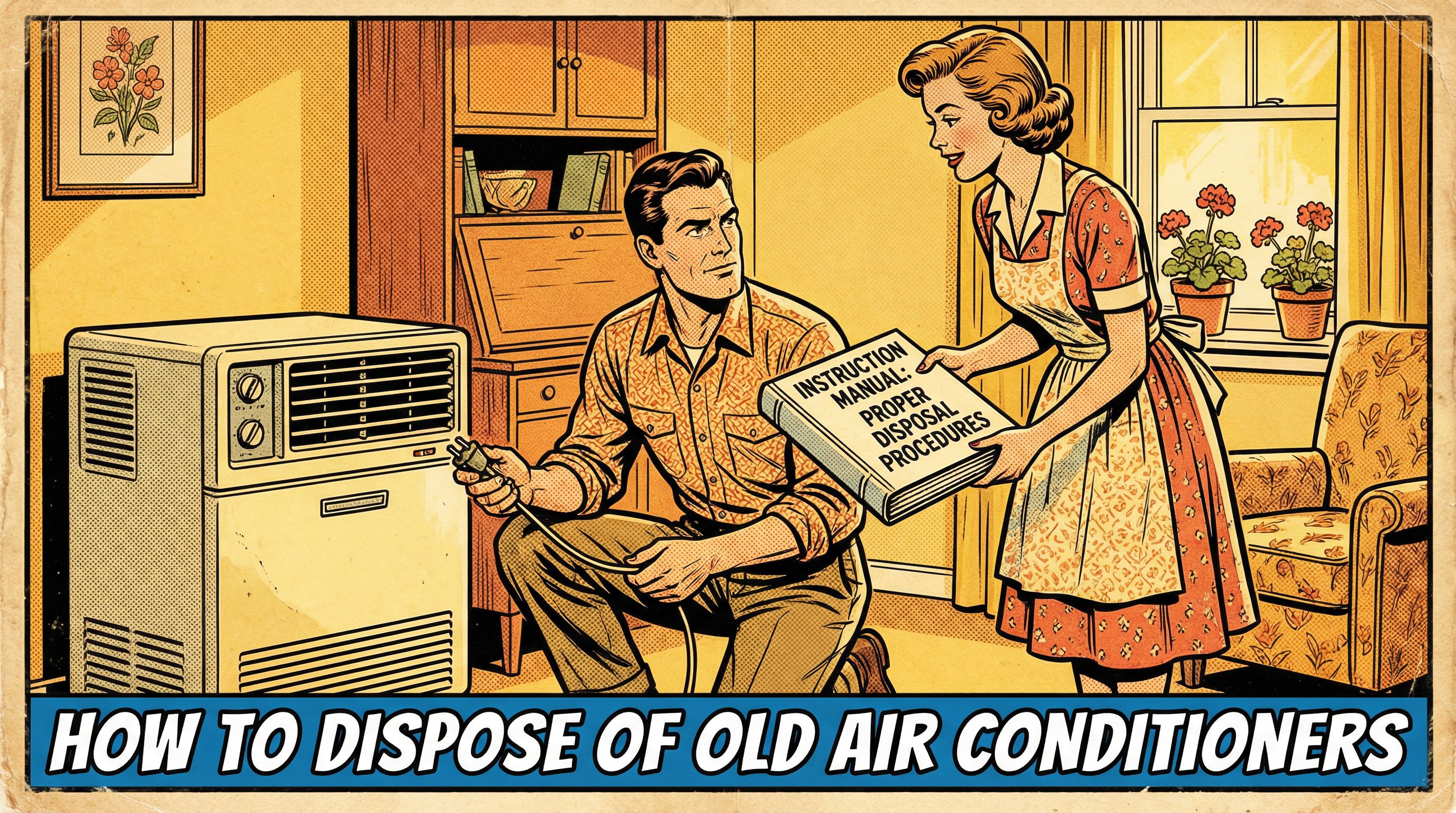A vintage-style illustration showcasing a couple interacting with an old air conditioner in their living room