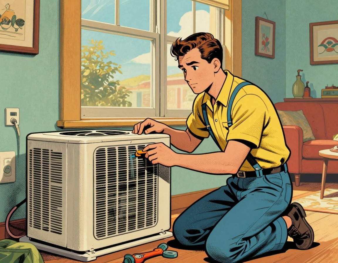 A technician in a vintage-style home is inspecting a window air conditioning unit