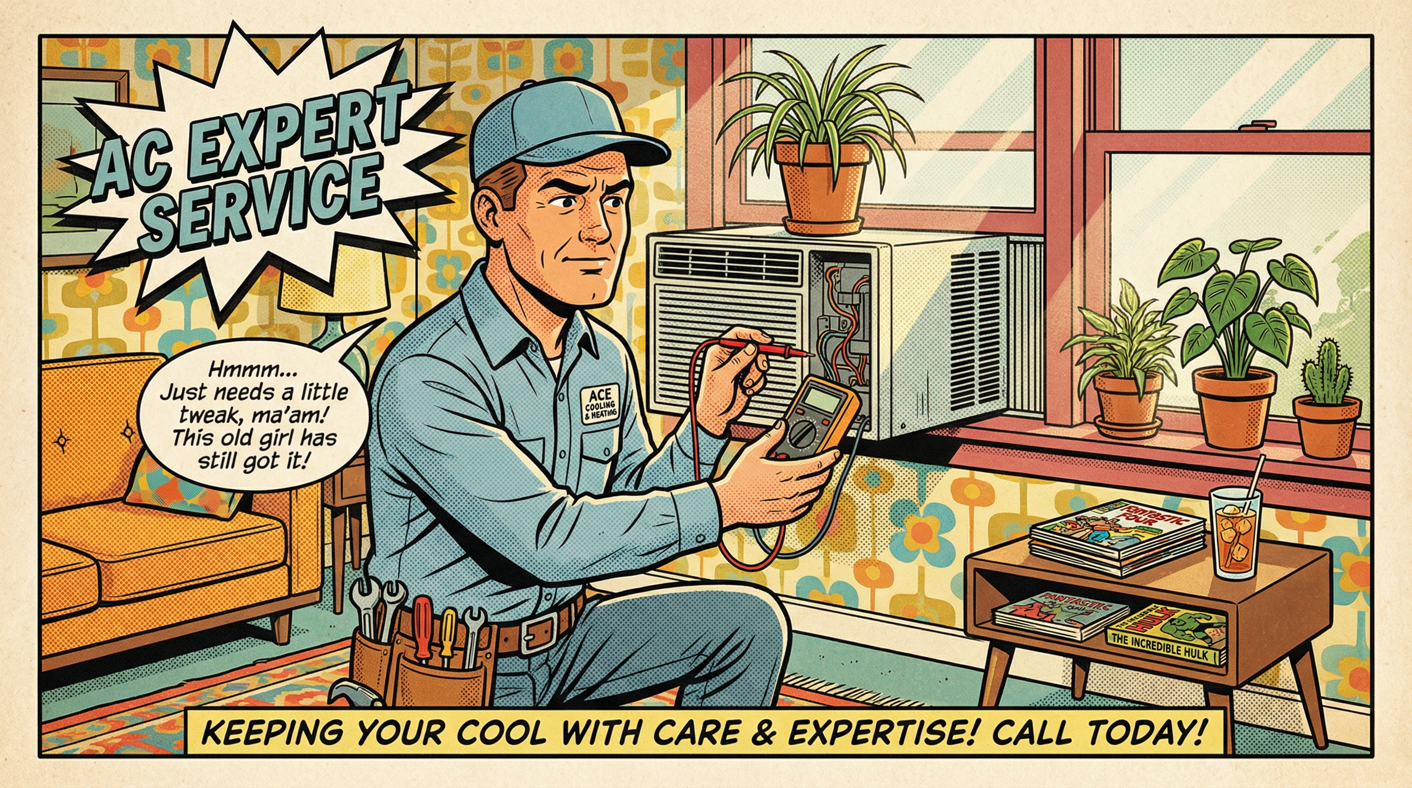 A technician in a vintage 1960s-style uniform, complete with a tool belt, is working on a window air conditioning unit instal