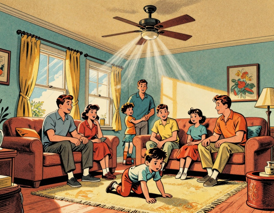 A cozy living room scene featuring a family enjoying a well-ventilated space