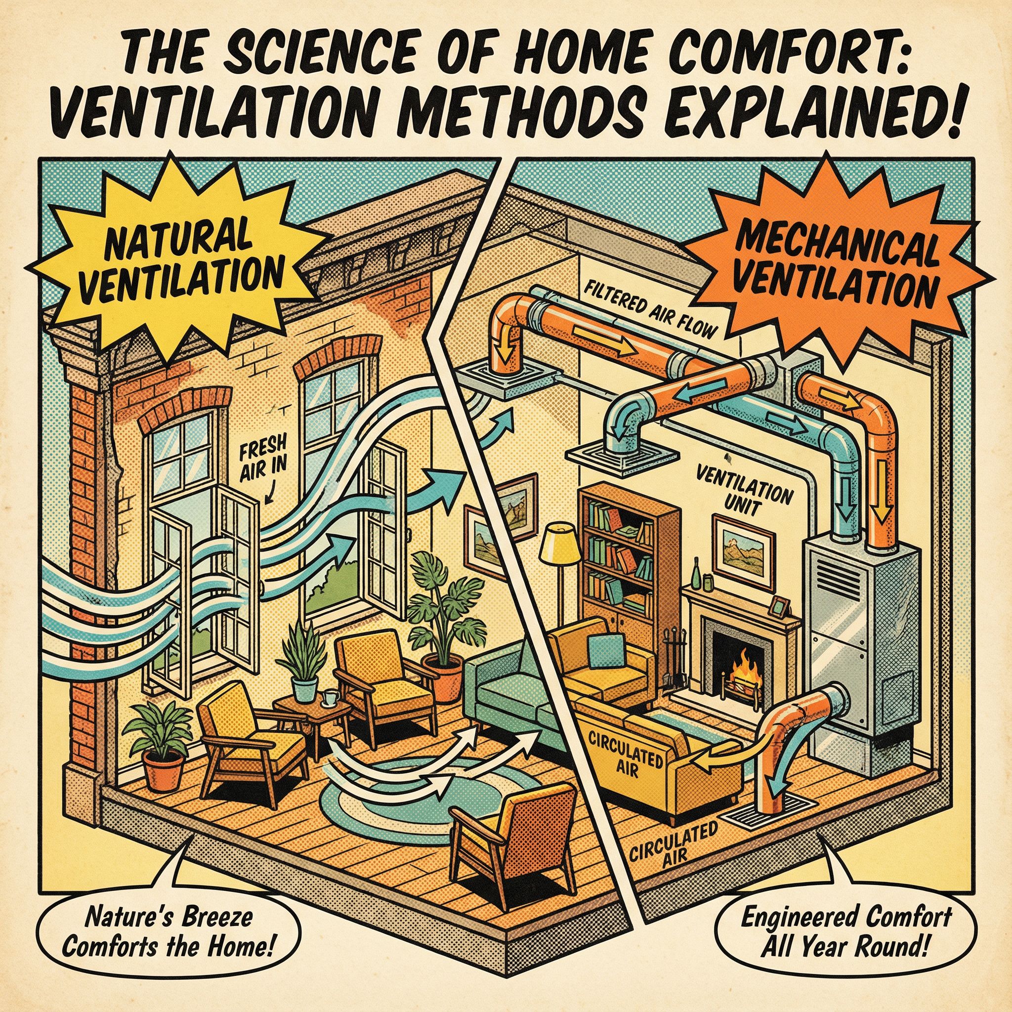 An illustration showing a cross-section view of a room equipped with both natural and mechanical ventilation systems