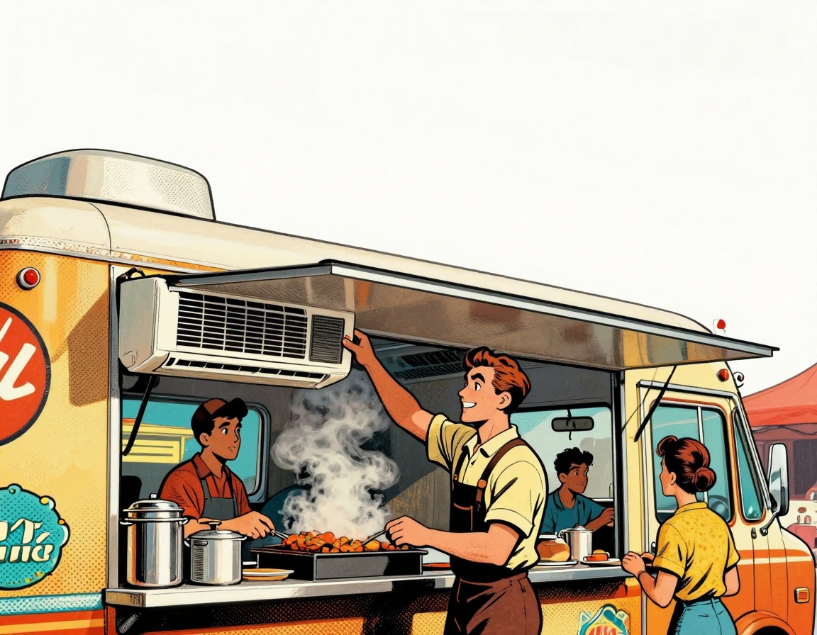 A vintage-style scene depicting a food truck's interior during a busy service