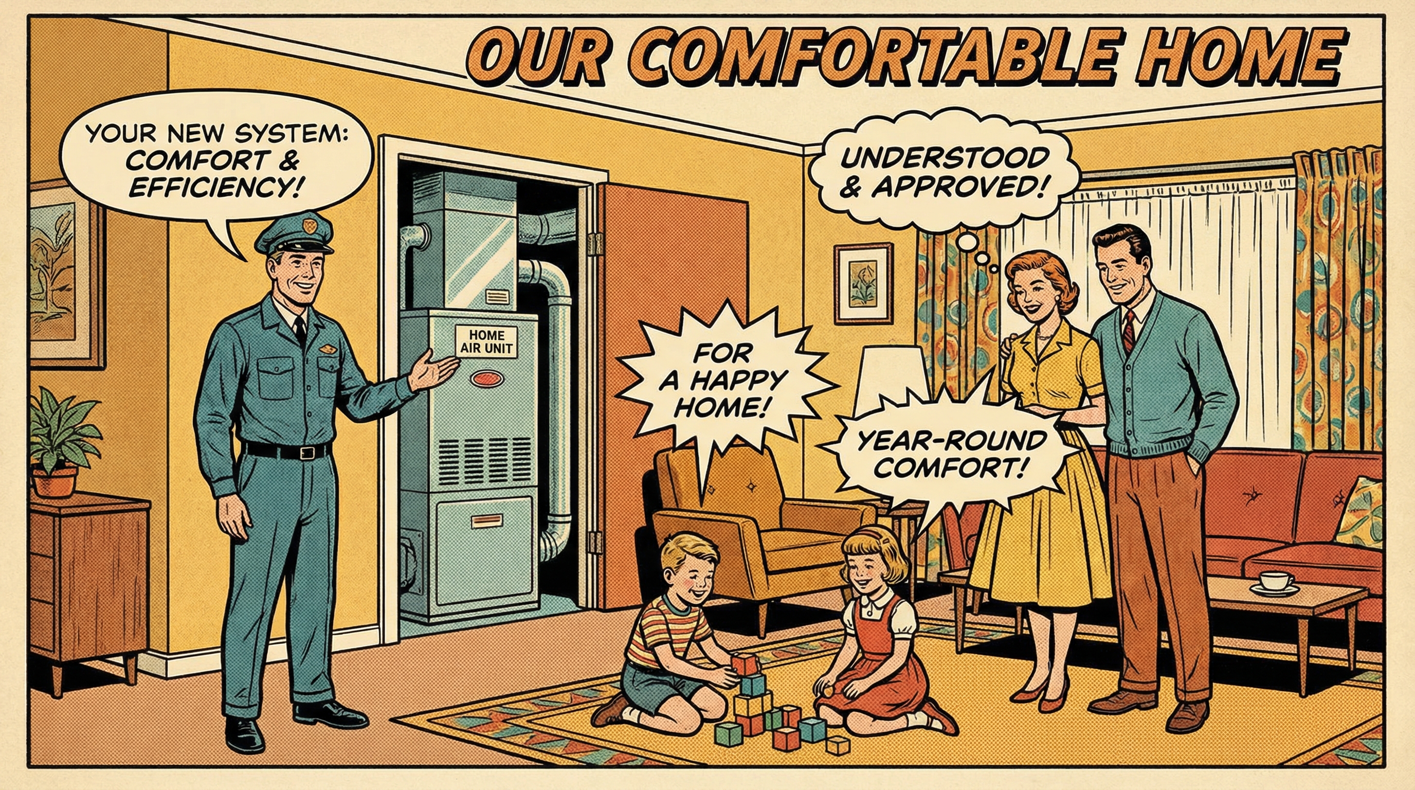 A cheerful family gathered in their living room, discussing their HVAC unit installation with a friendly technician