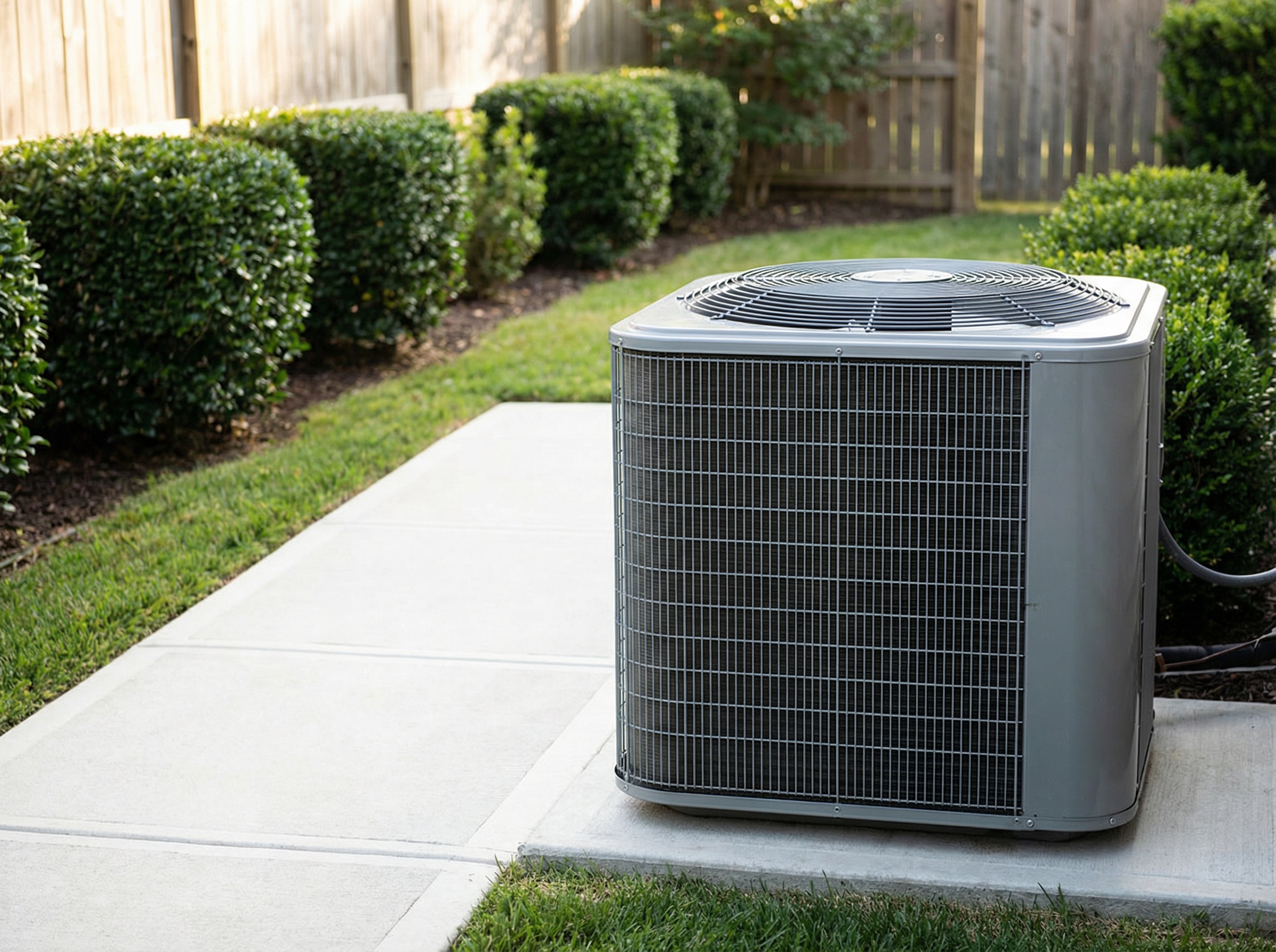 An outdoor HVAC condenser unit positioned in a secure area with no obstructions