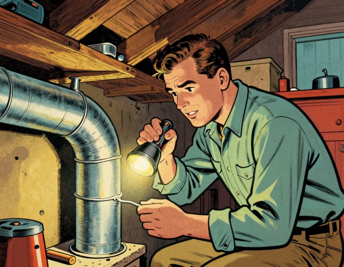 A homeowner inspecting their HVAC ductwork in a cozy basement setting featuring HVAC maintenance and homeowner inspection