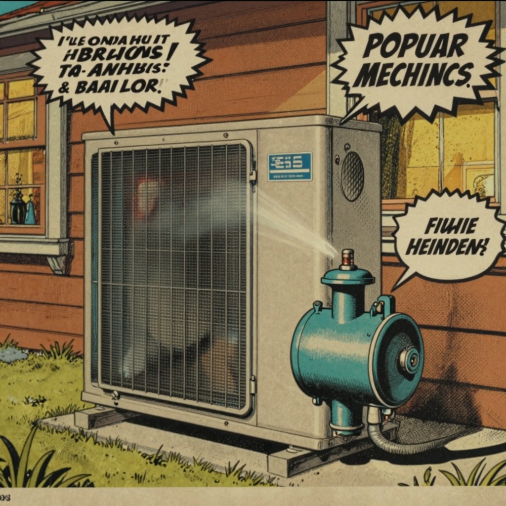 A vintage-style cutaway illustration of a heat pump system, showcasing the internal components such as the compressor, evapor