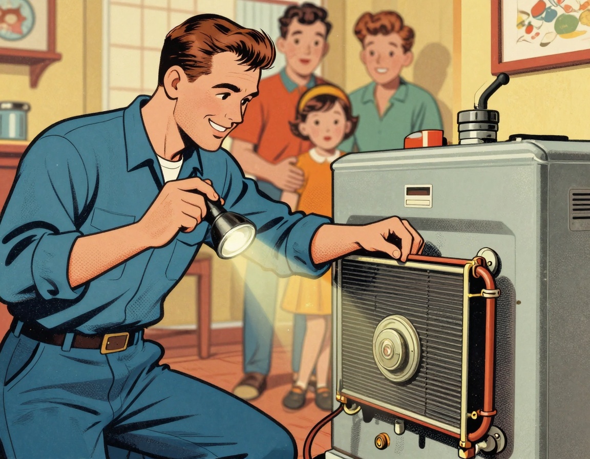 A friendly HVAC technician inspecting a furnace in a cozy family home