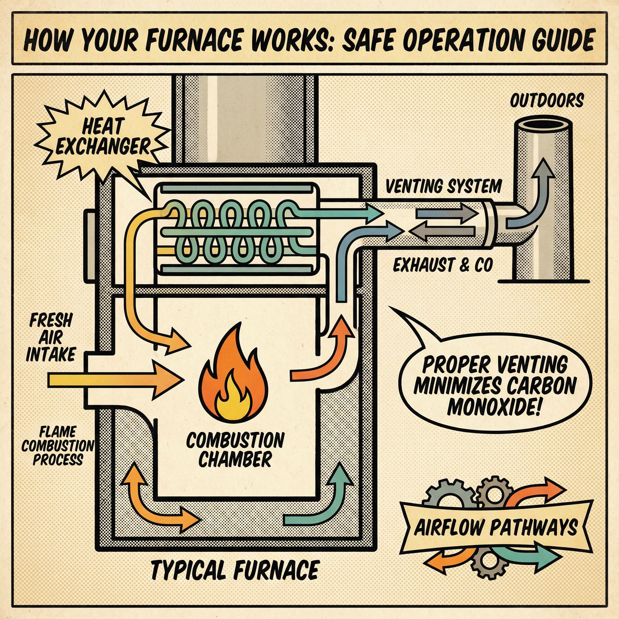 A vintage-style illustration showing a cross-section of a typical furnace, highlighting critical components such as the heat 