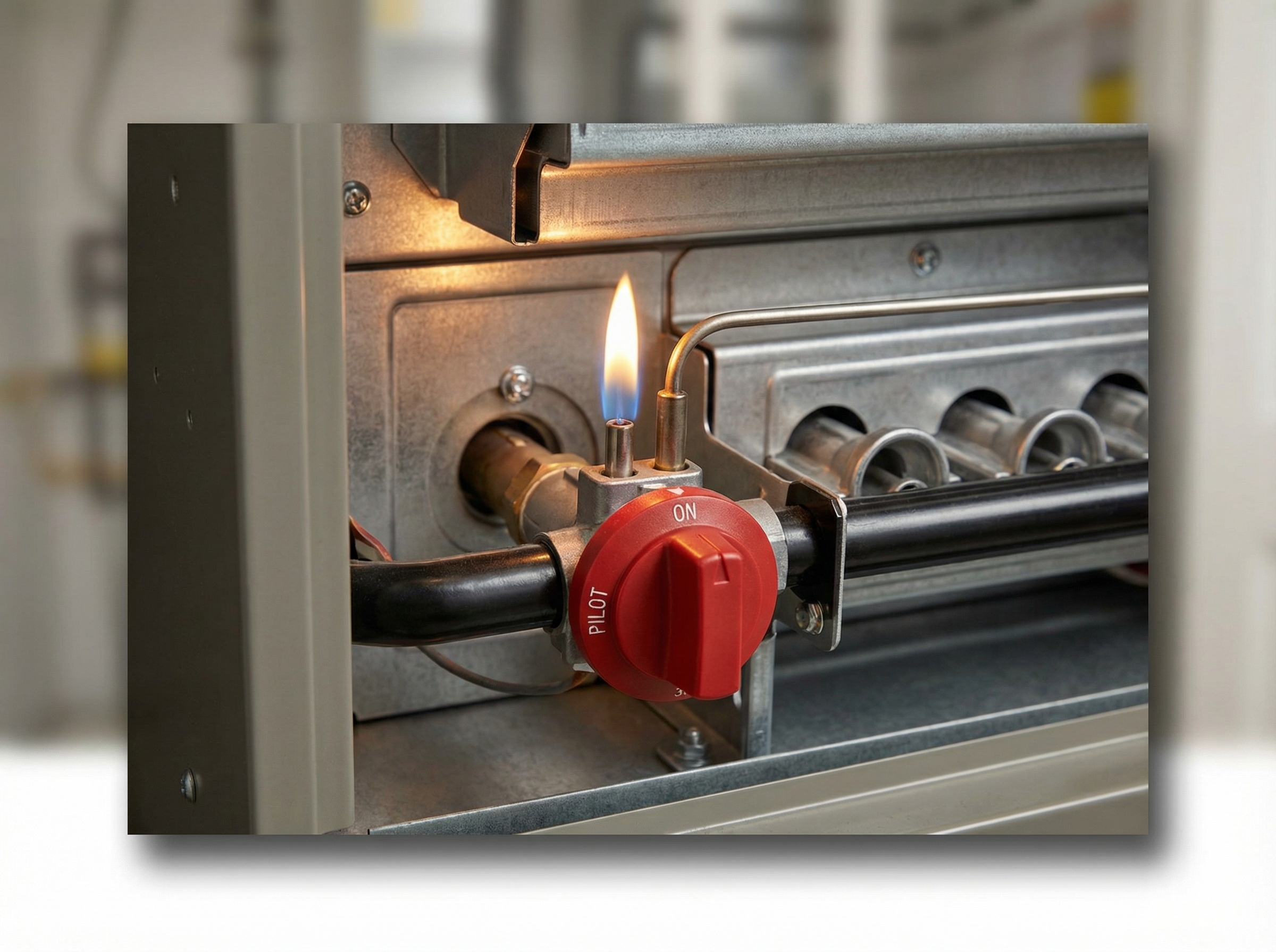 A close-up view of a gas furnace showing the pilot light assembly