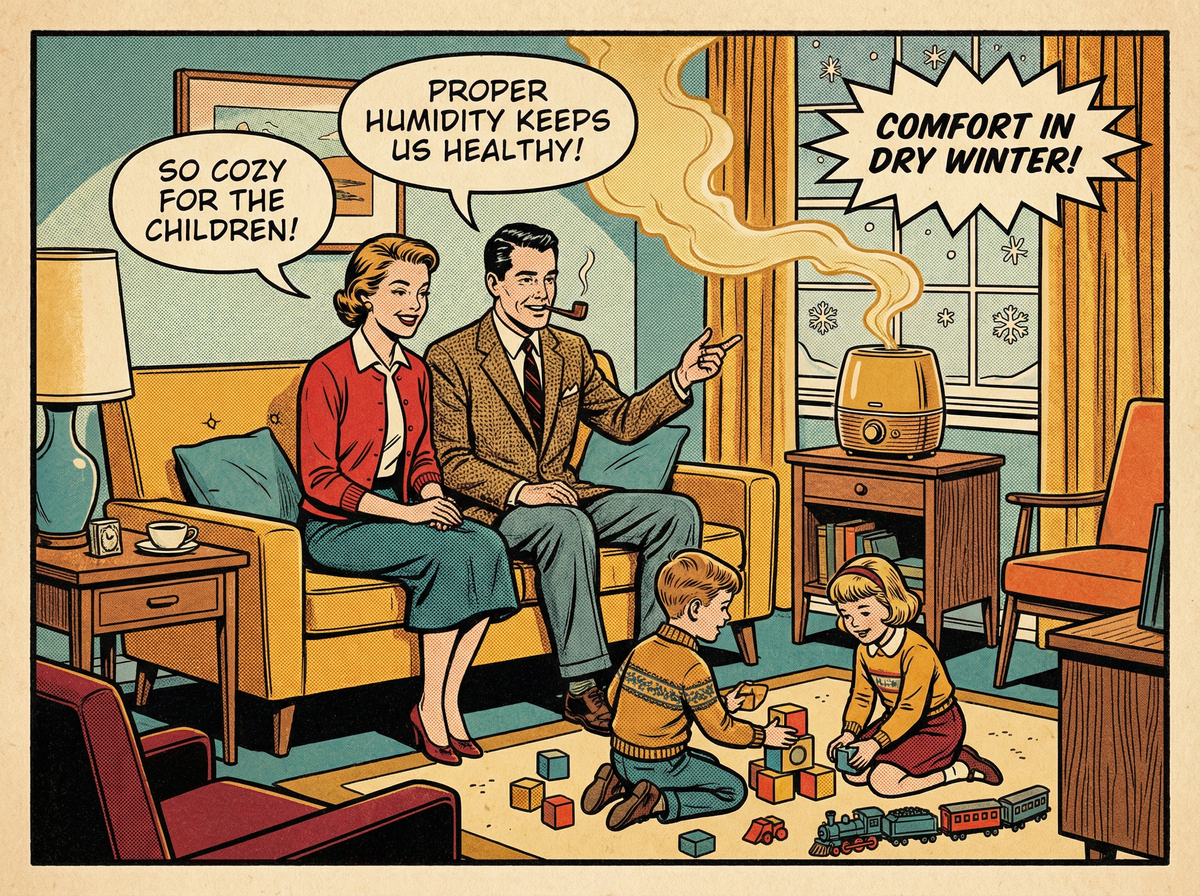 A vintage 1950s family gathered in their cozy living room during winter, enjoying the warmth of a humidifier