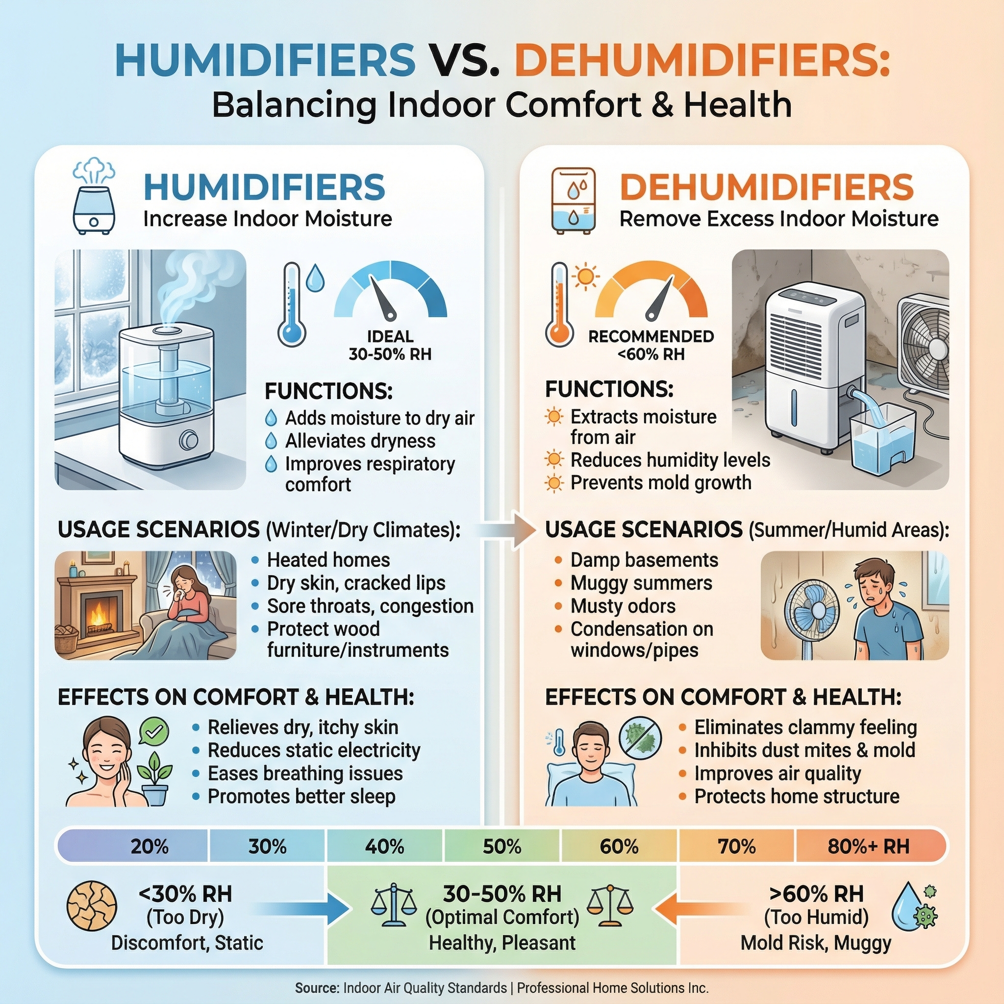 An informative infographic contrasting humidifiers and dehumidifiers, highlighting their functions, usage scenarios, and effe