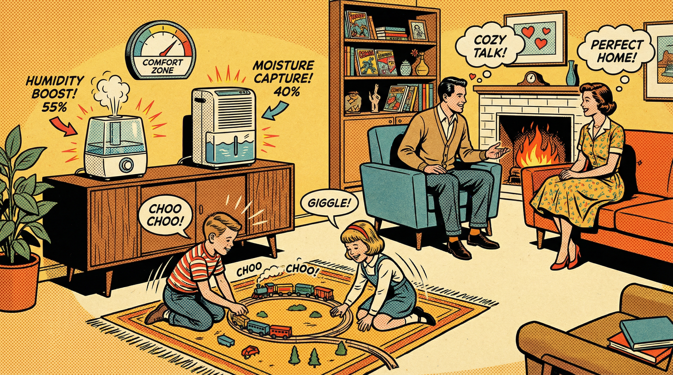 A cozy living room scene featuring a vintage humidifier and dehumidifier in action, set against a warm and inviting backdrop