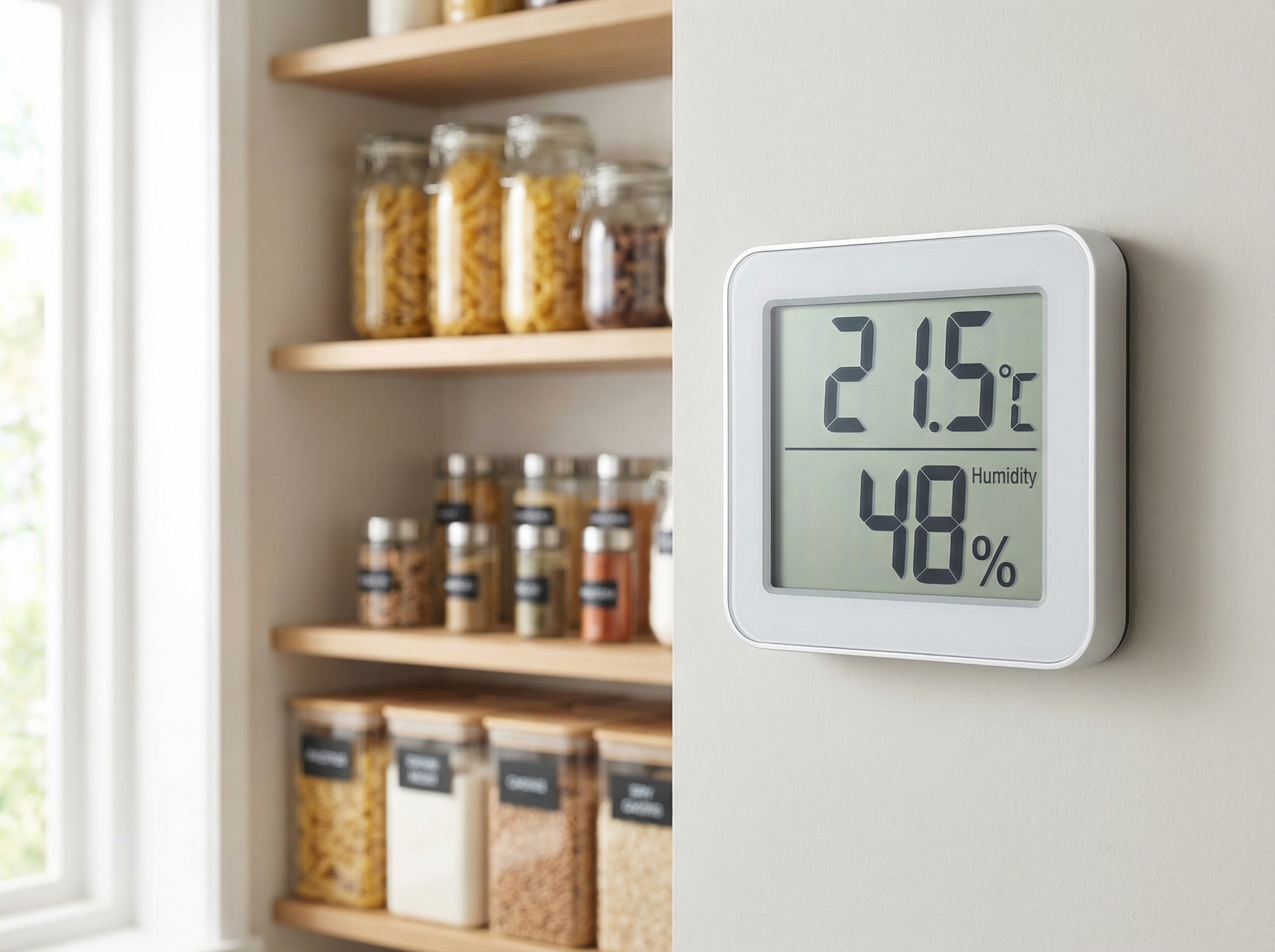 A close-up view of a digital hygrometer and thermometer mounted on a kitchen wall, displaying current temperature and humidit