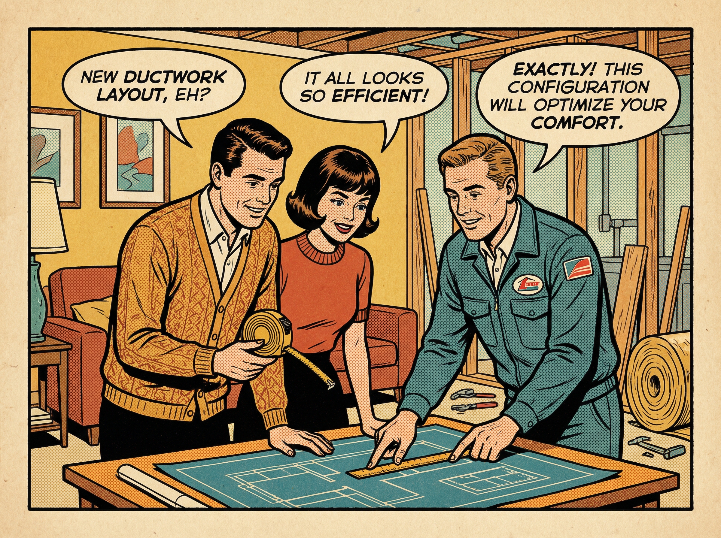 A mid-century couple in a cozy living room, consulting with an HVAC technician who is explaining the layout of new ductwork p