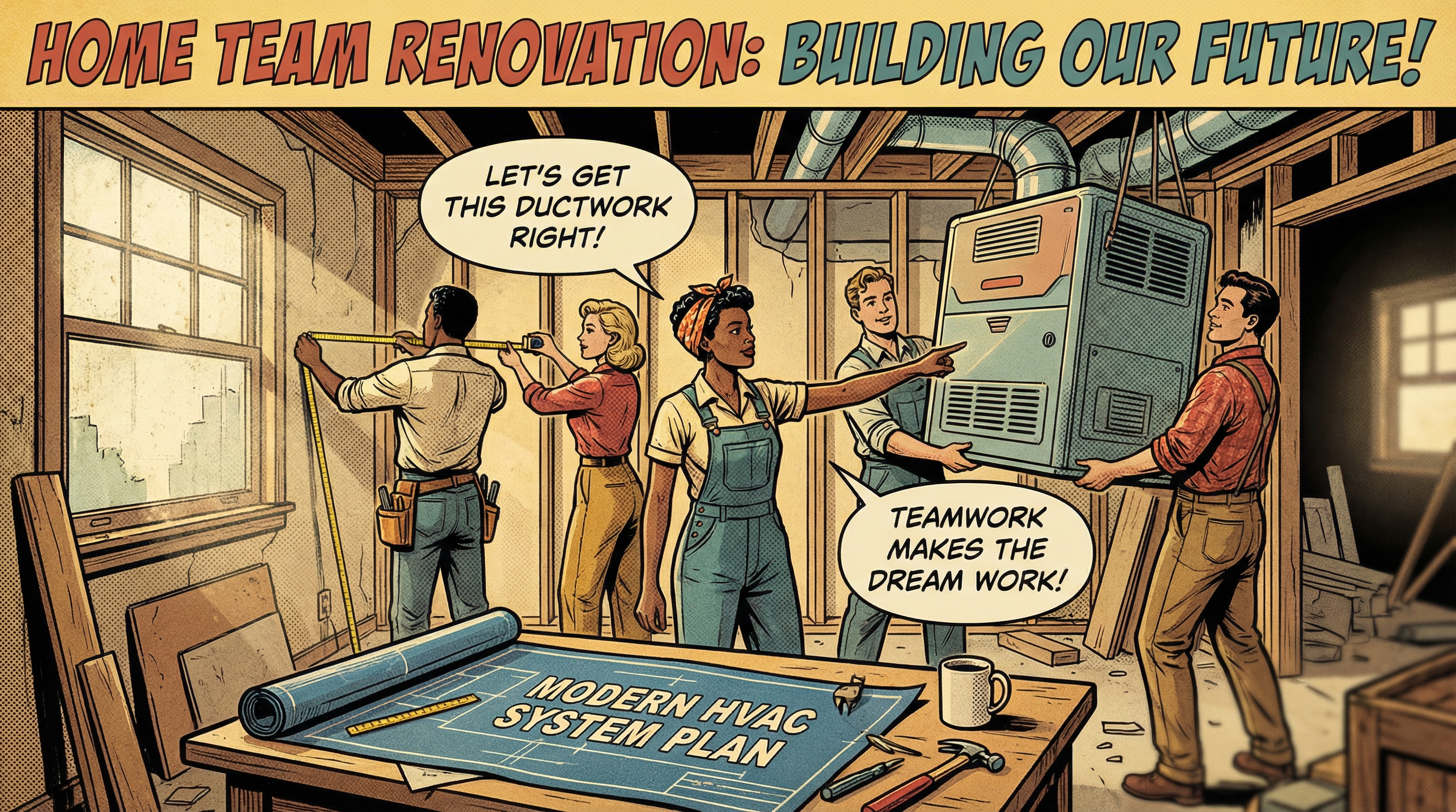 An engaging, vintage-style illustration depicting a diverse group of homeowners actively involved in a home renovation projec