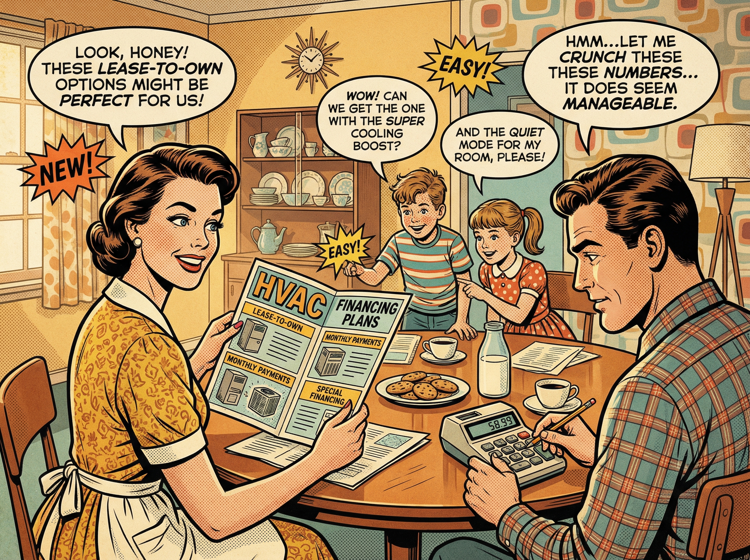 A family sitting around a dining table, discussing HVAC financing options