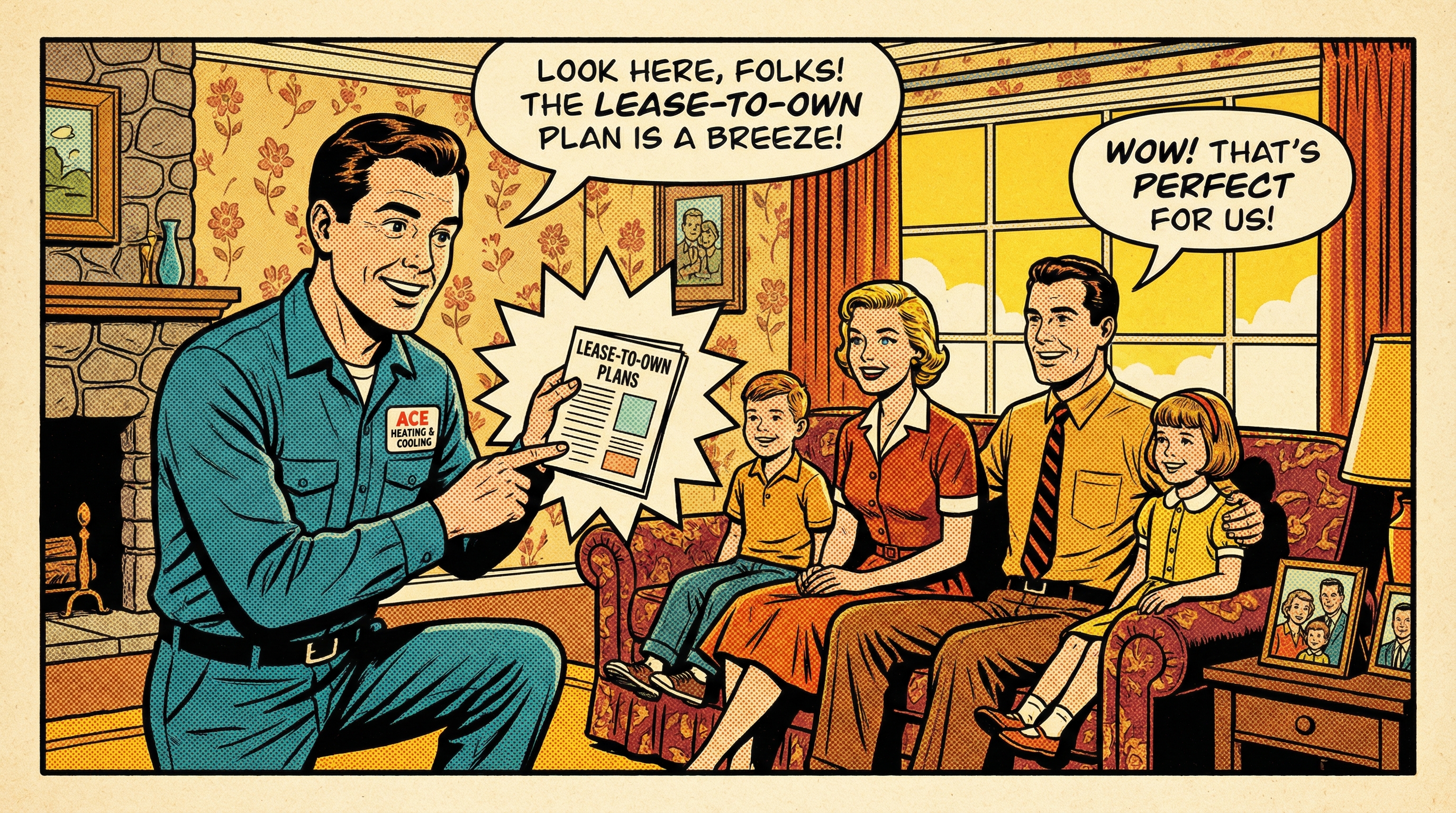 A family gathered in a cozy living room, happily discussing HVAC options with a friendly technician who is showing them broch