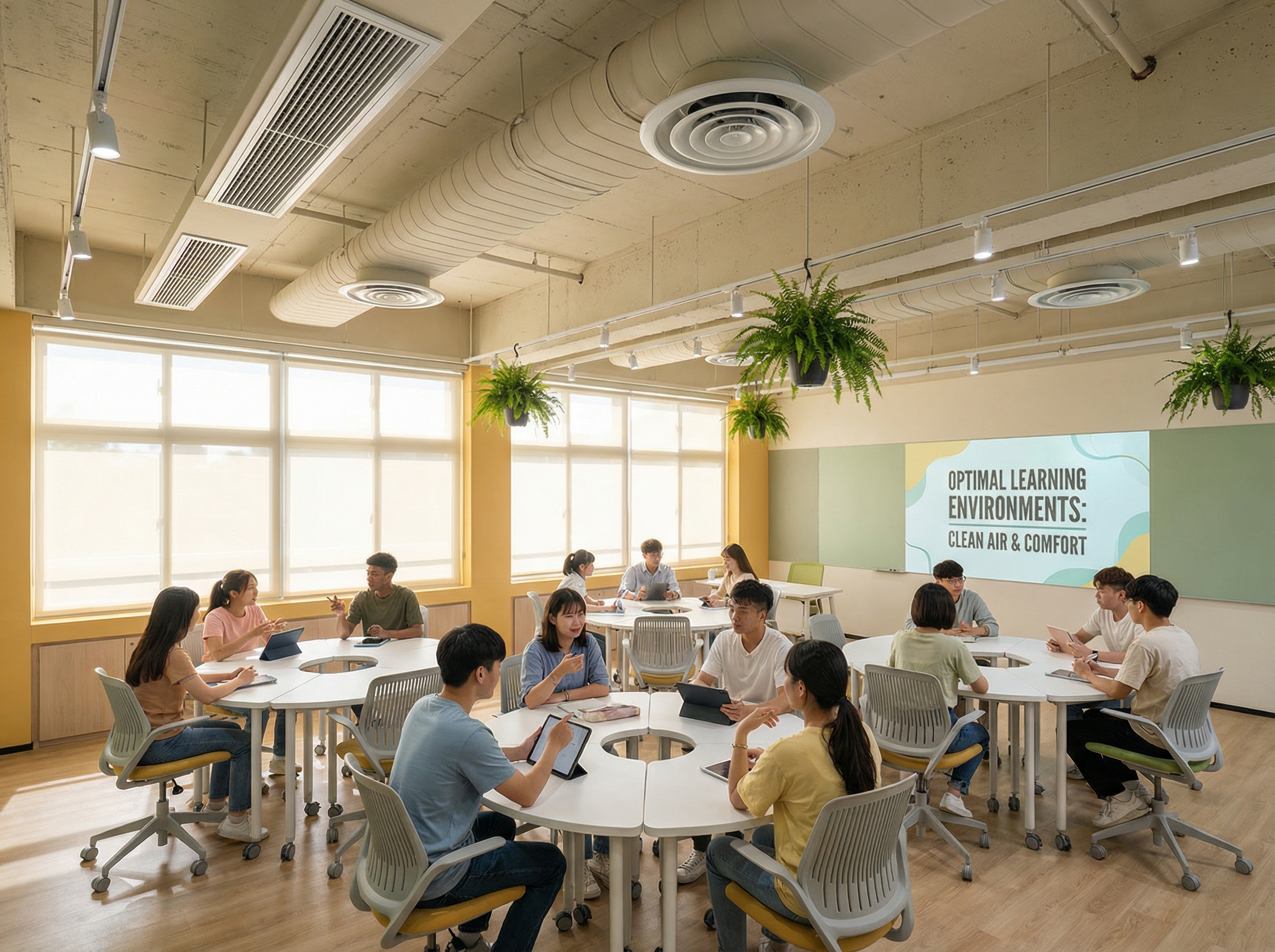 A modern classroom furnished with ergonomic desks and chairs, showcasing an HVAC system integrated into the ceiling with visi