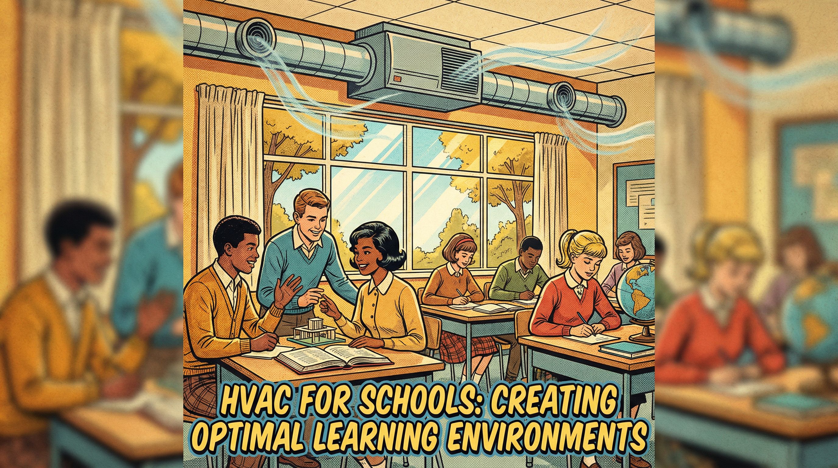 A vibrant classroom scene showing a teacher engaging with students while optimizing HVAC settings
