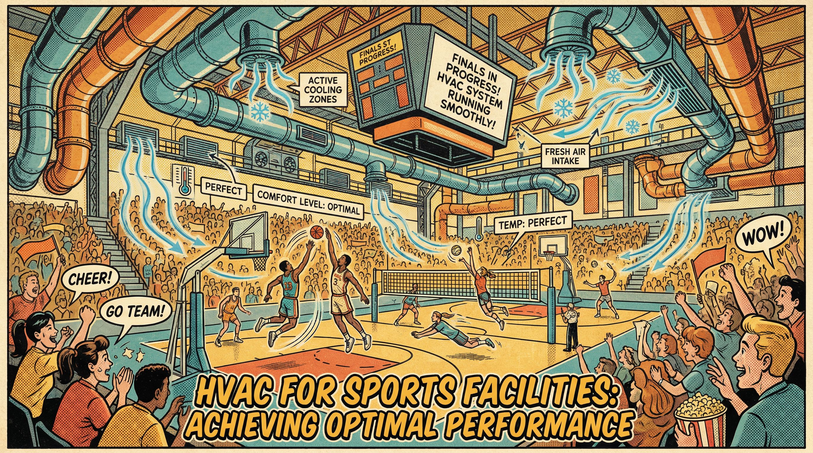 A bustling sports facility during an event, showcasing athletes and spectators engaged in a variety of activities