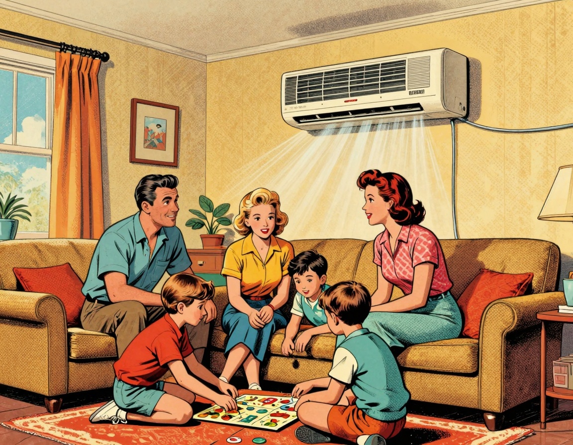 A vintage 1950s home setting with a family gathered in the living room, comfortably enjoying the cool air provided by a class