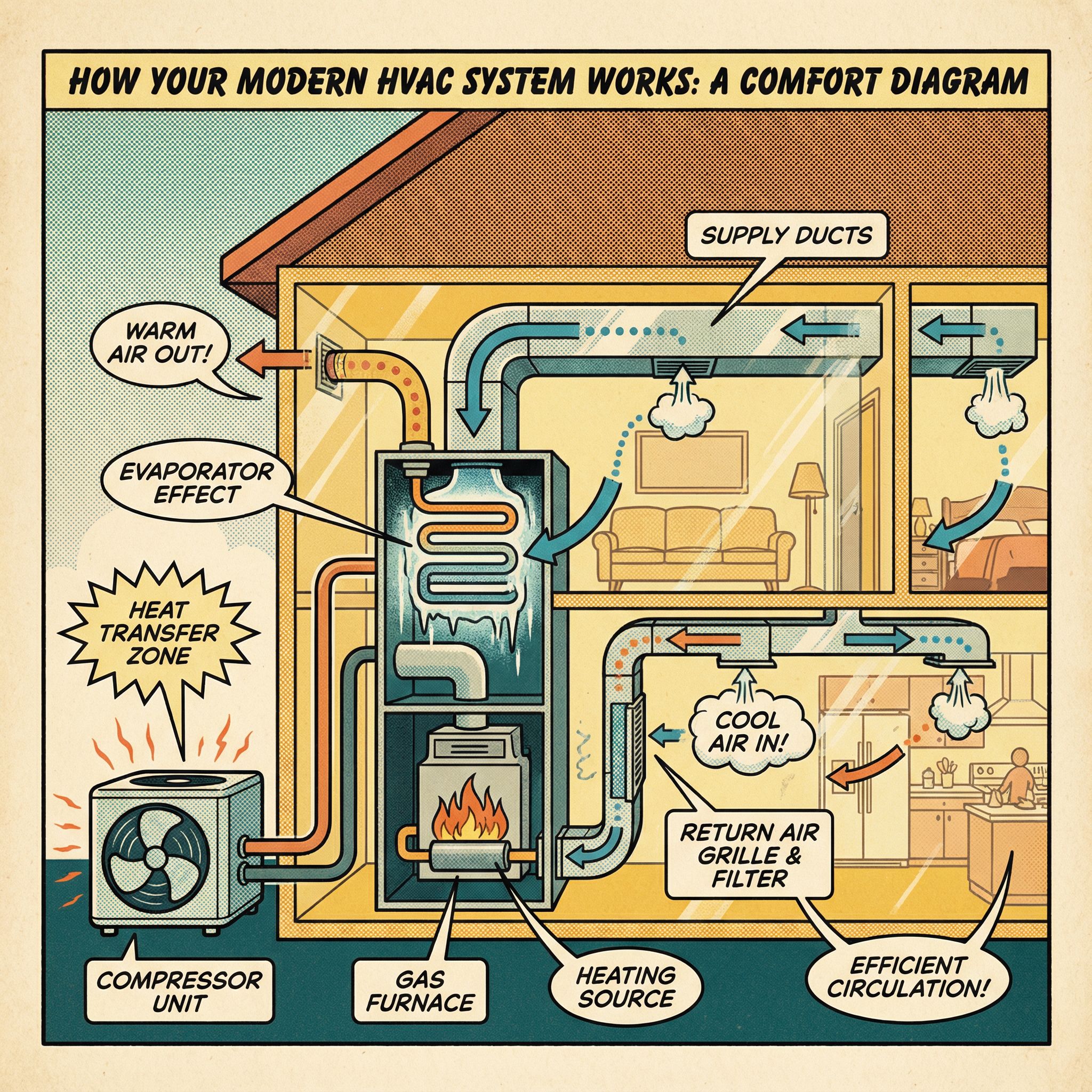 A cross-section view of a modern HVAC system, showcasing the different components such as the compressor, evaporator coil, an