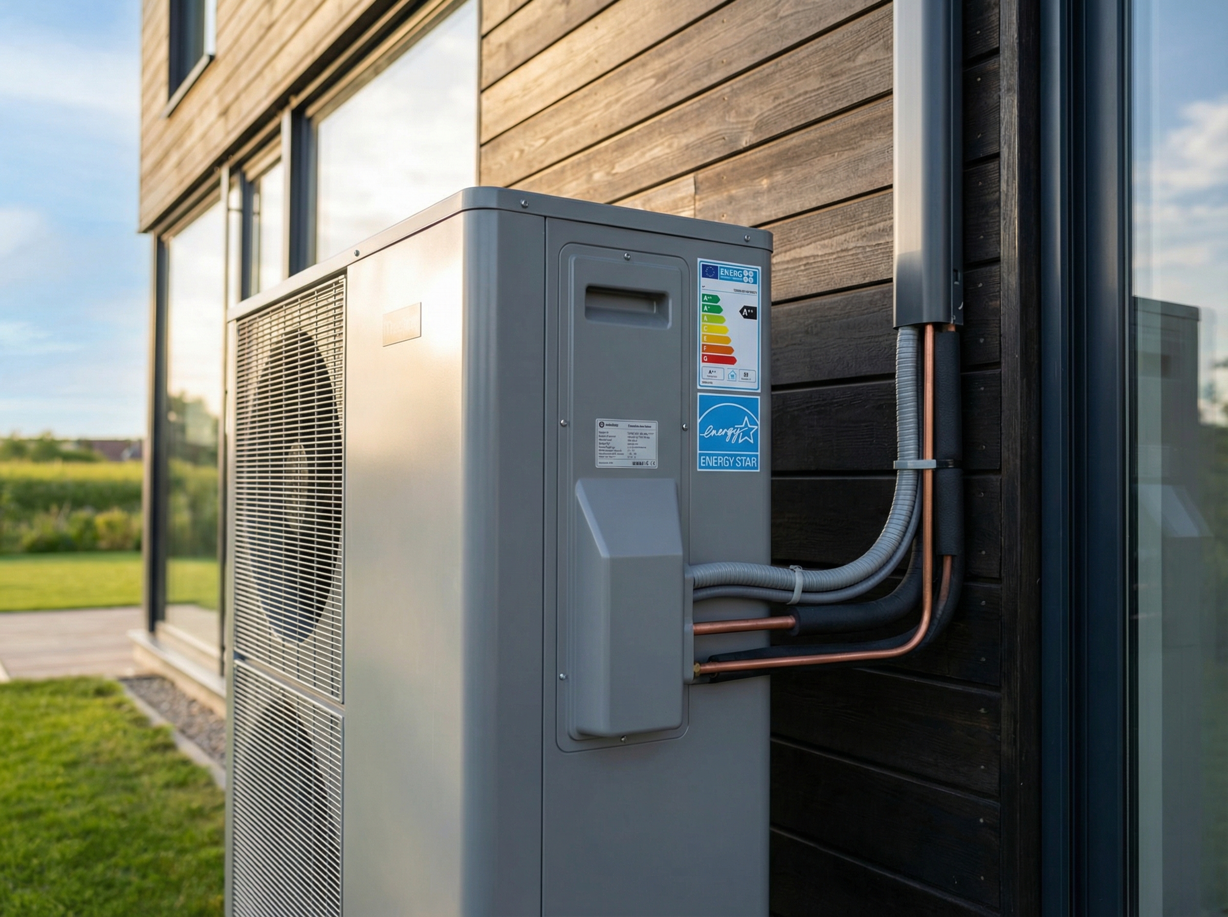 An engaging visual representation of a modern heat pump installed on the exterior of a contemporary home
