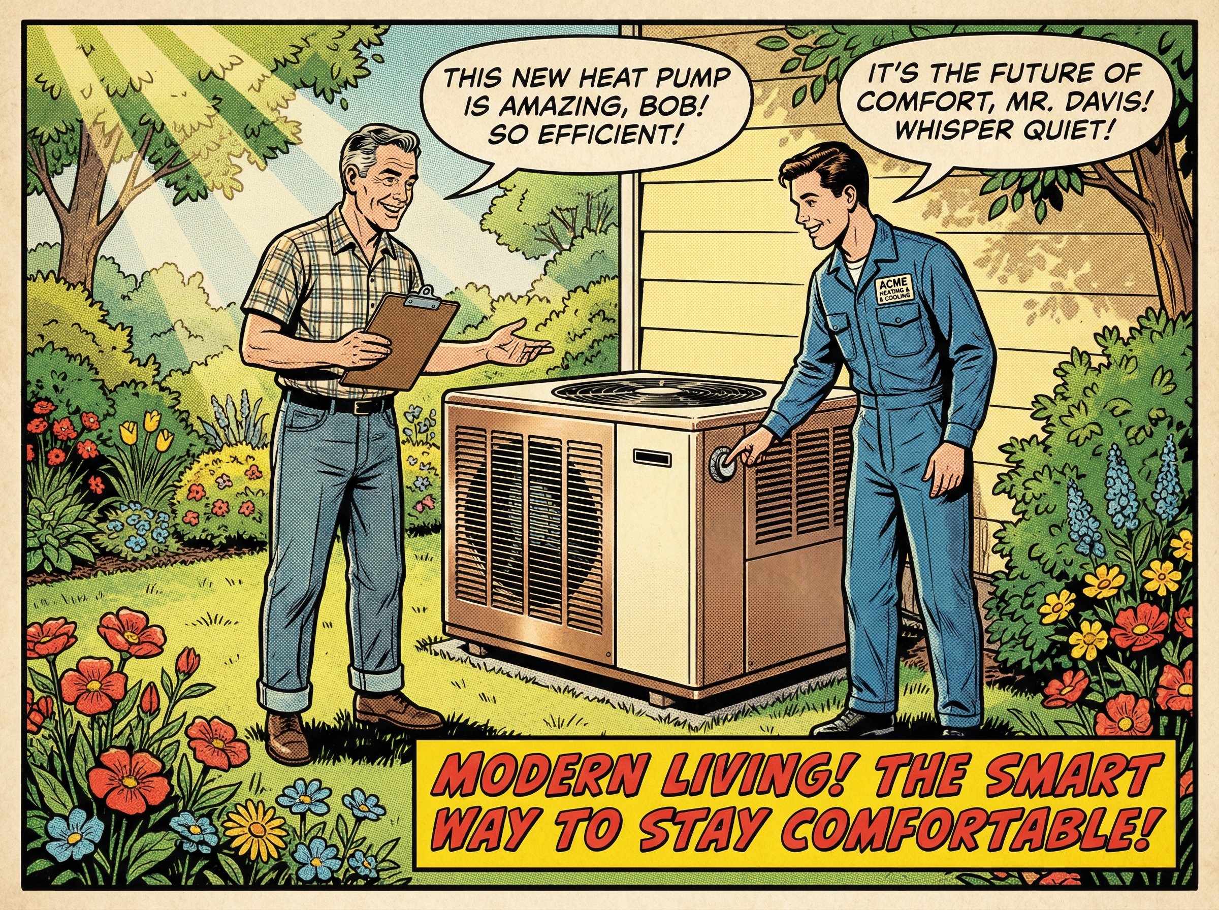 A homeowner inspecting their newly installed energy-efficient heat pump unit in the backyard