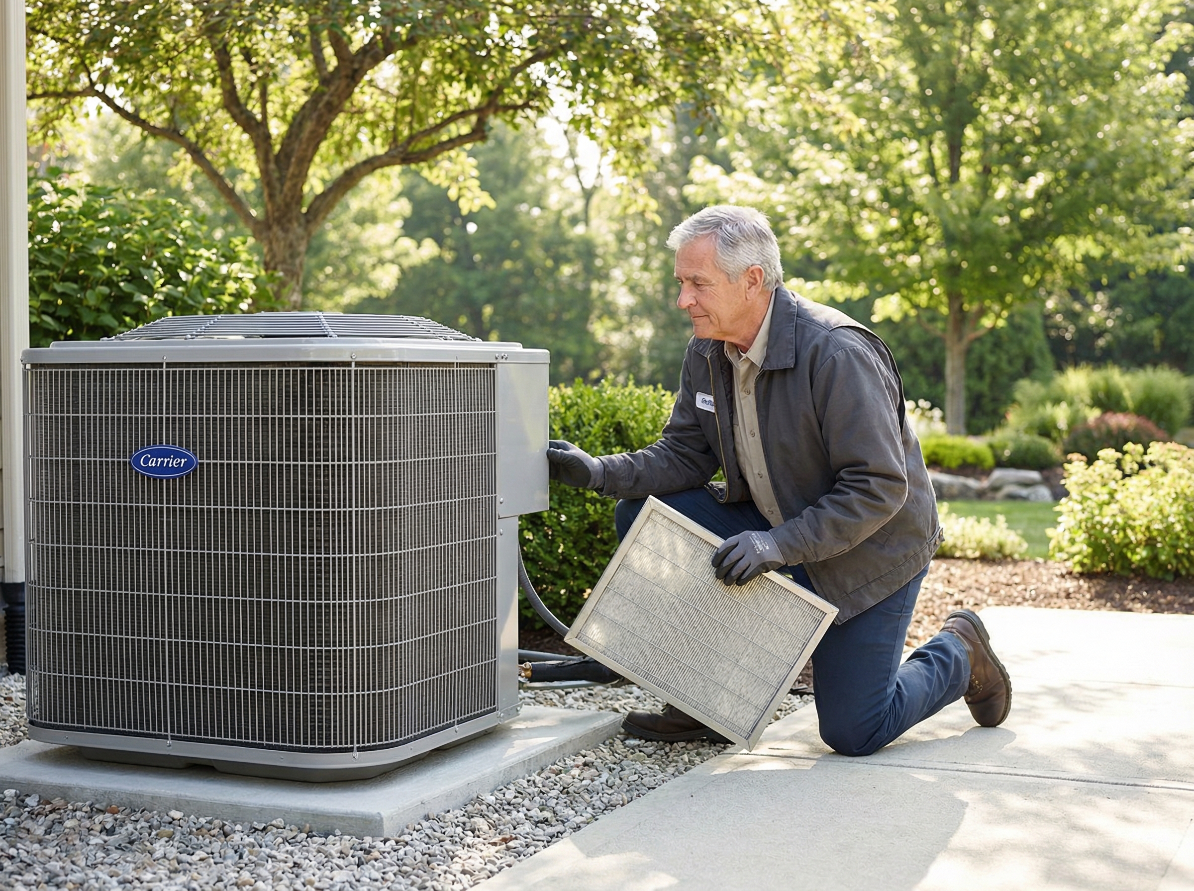 A well-maintained HVAC unit outdoors, surrounded by a clean area with no debris featuring HVAC maintenance and elderly homeow