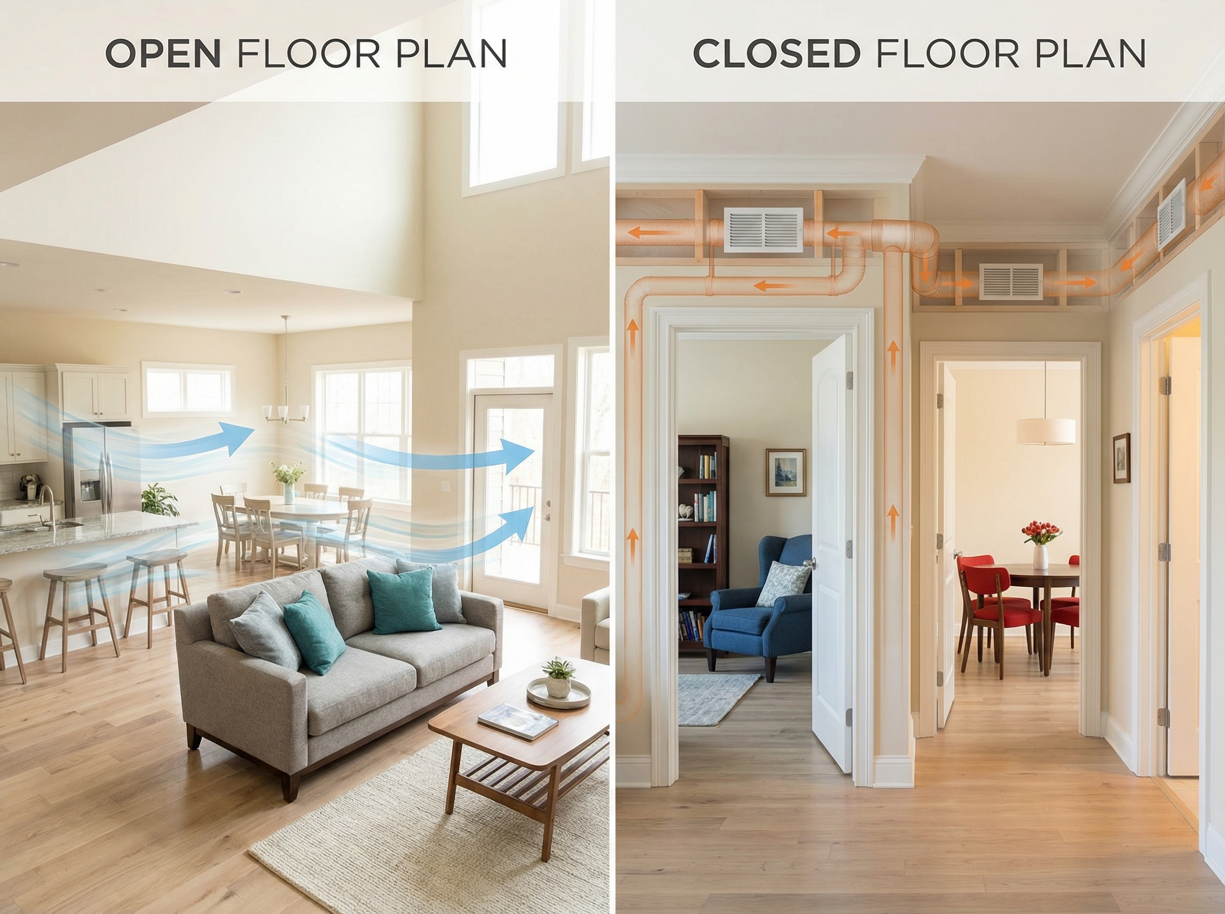 A split-screen comparison image showcasing an open floor plan and a closed floor plan