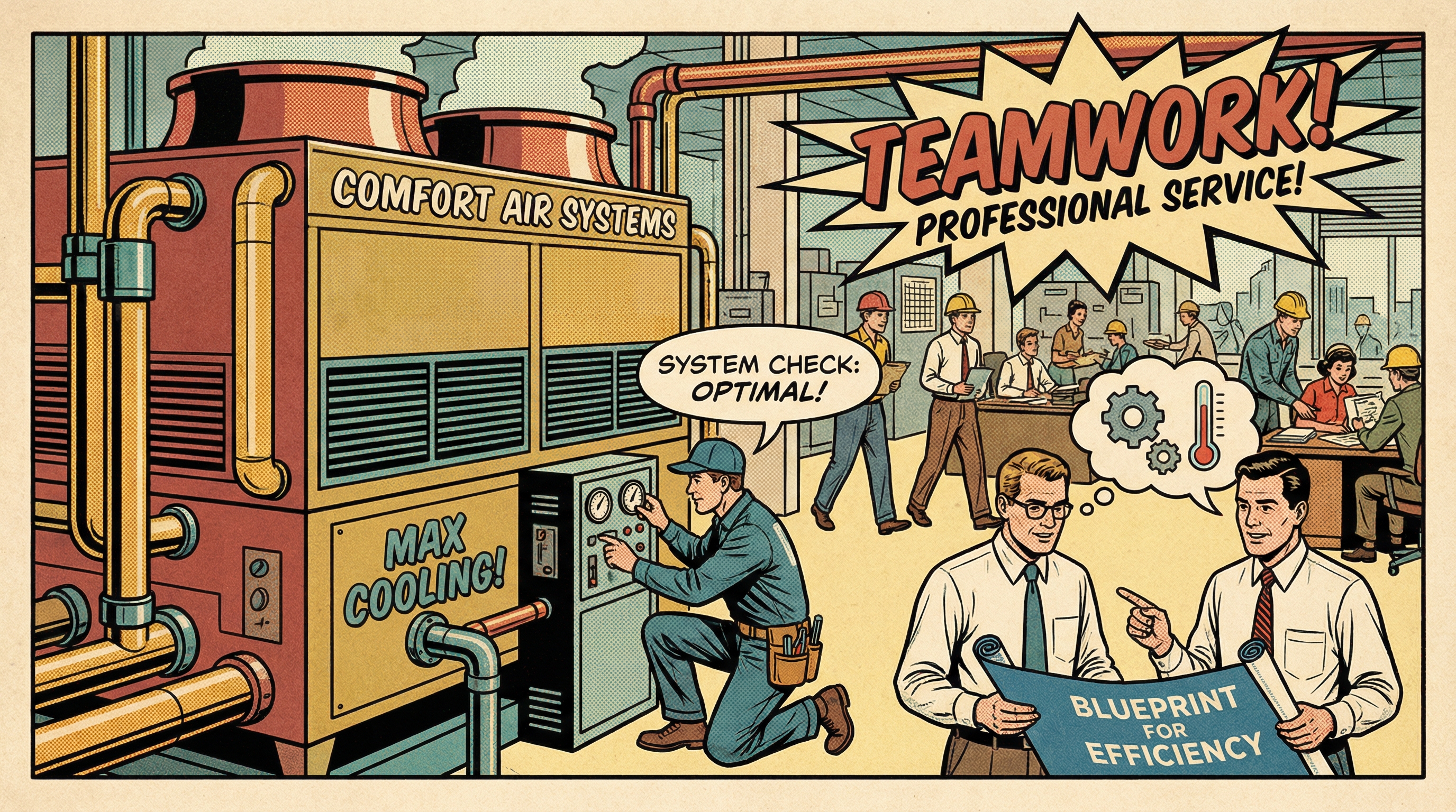 A bustling commercial building with workers interacting around a sophisticated HVAC system combatting the summer heat