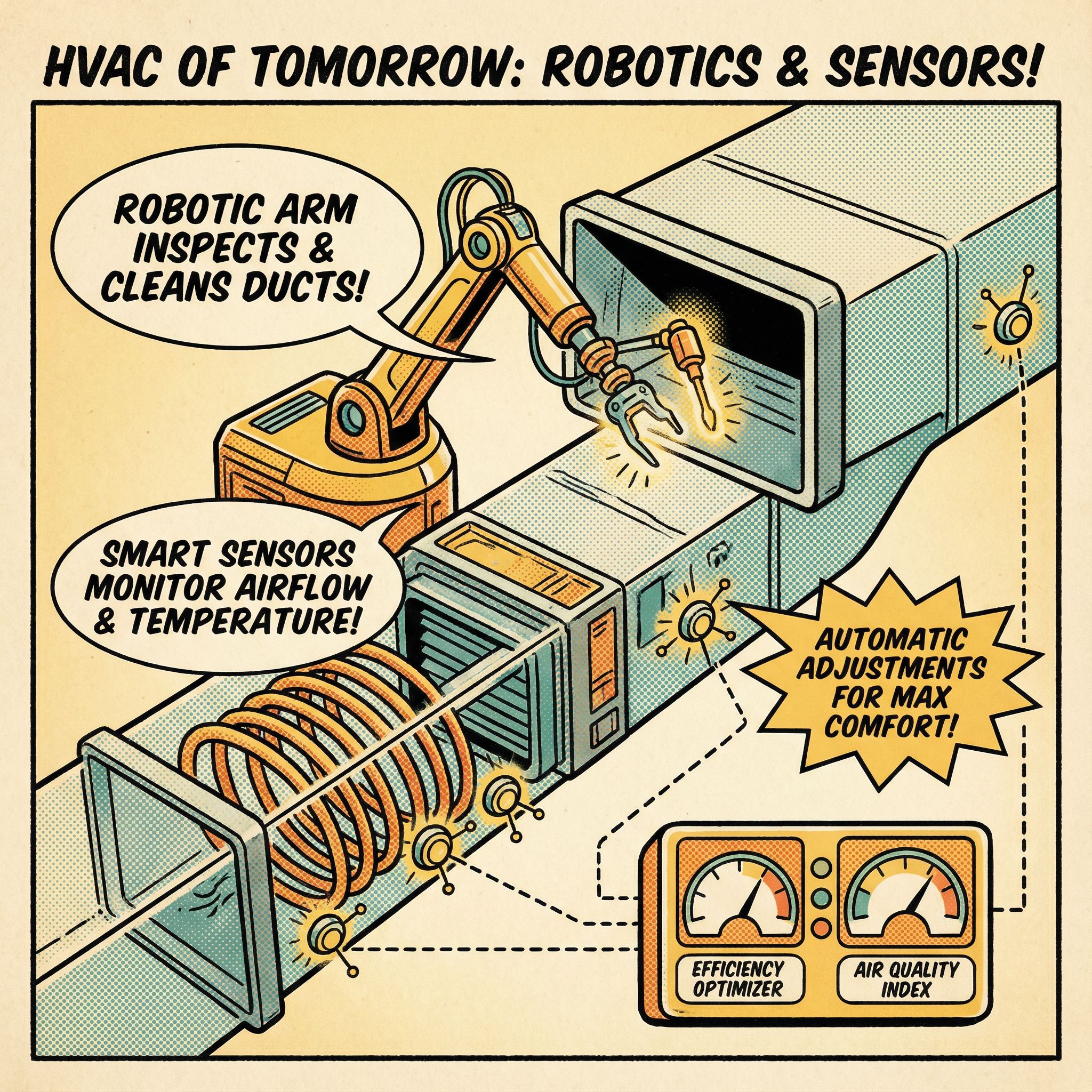 A cross-section view of an HVAC system showcasing the integration of robotics and smart sensors