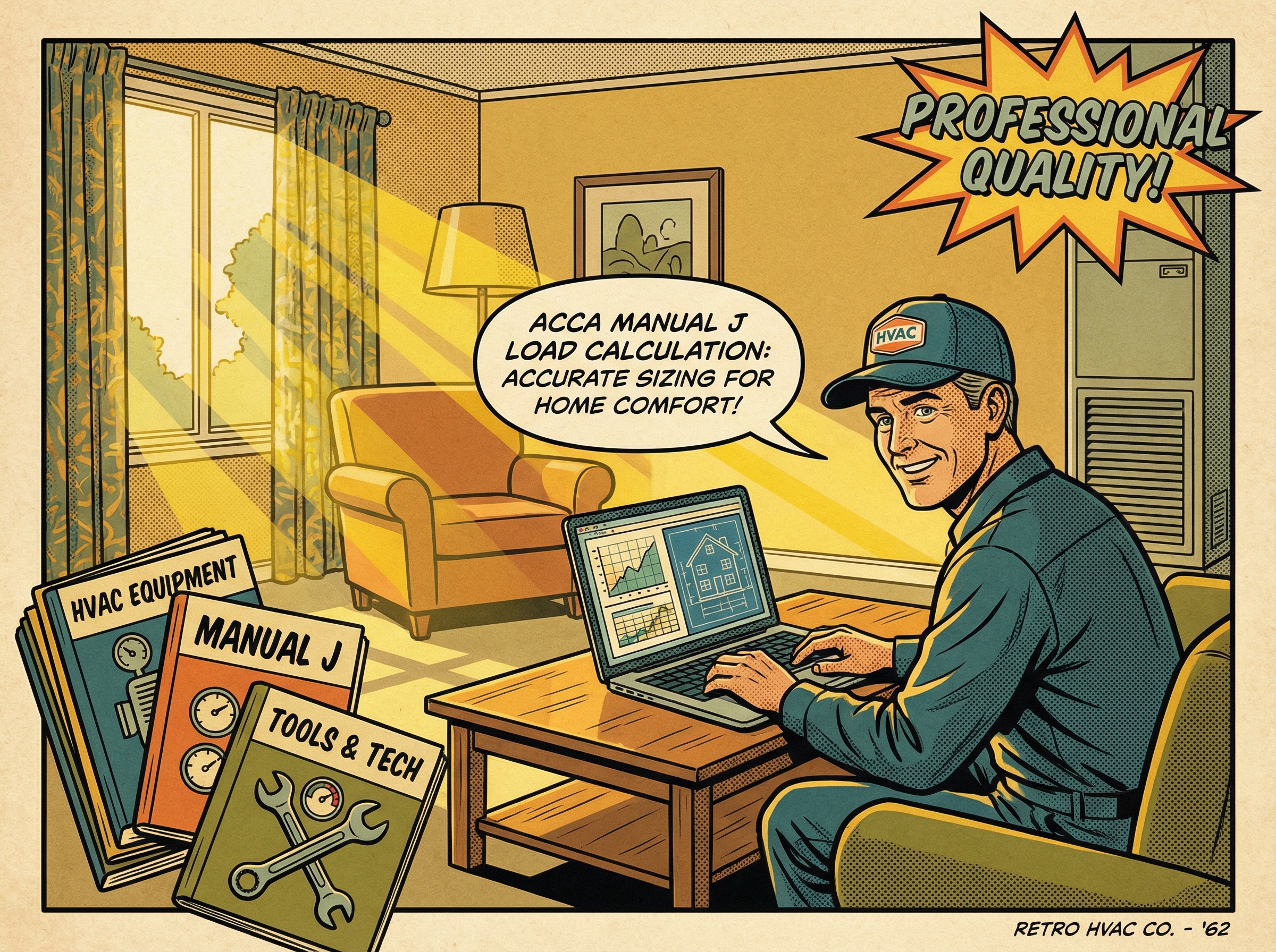 A professional HVAC technician is conducting an ACCA Manual J load calculation on a laptop in a comfortable living room setti