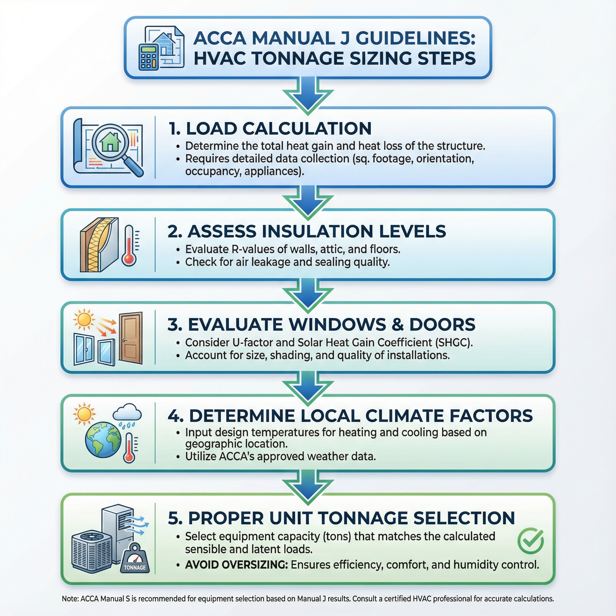 An informative infographic demonstrating the key steps involved in accurately sizing HVAC tonnage using the ACCA Manual J gui