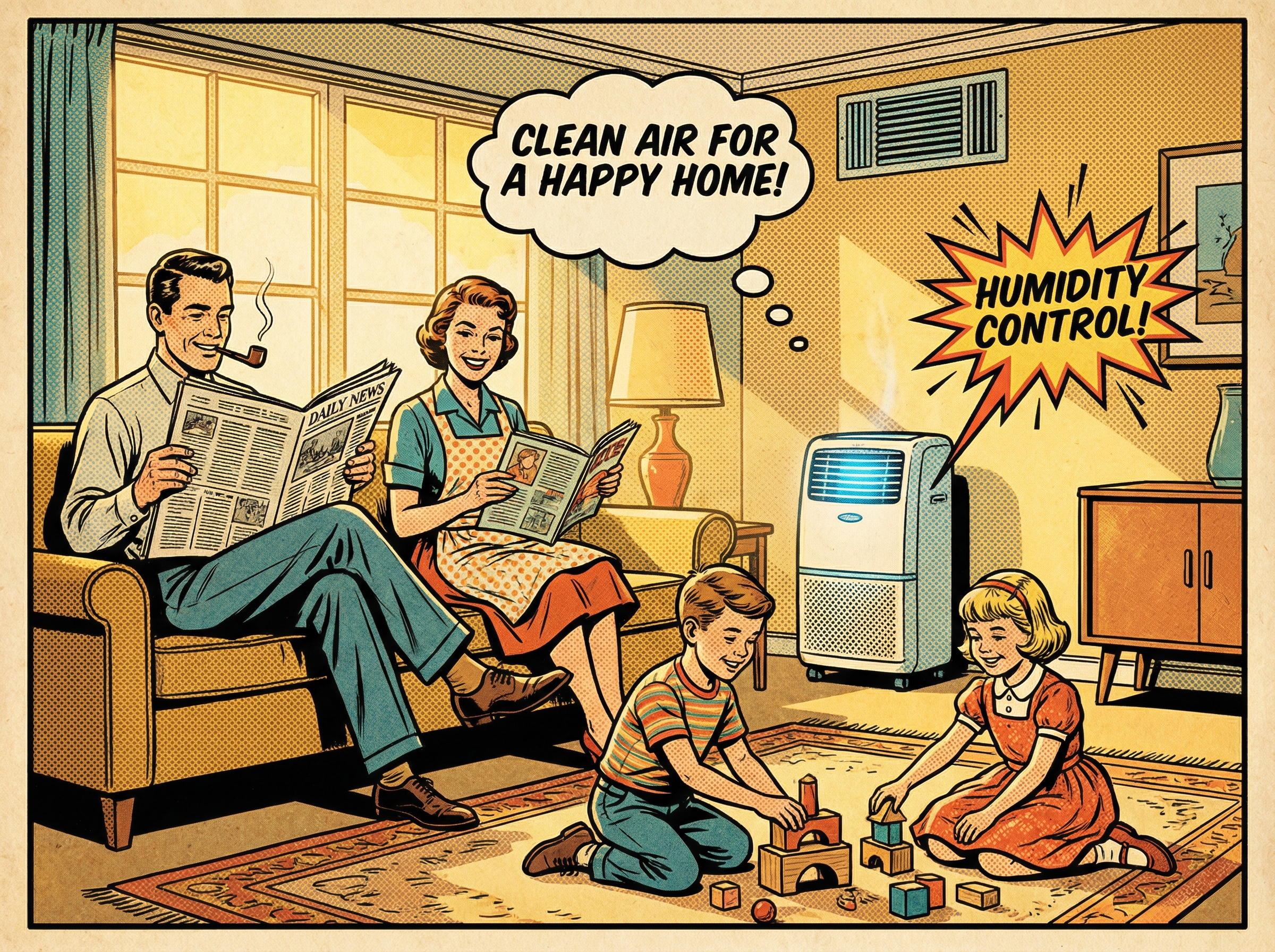 A family in their cozy living room, enjoying clean air while relaxing