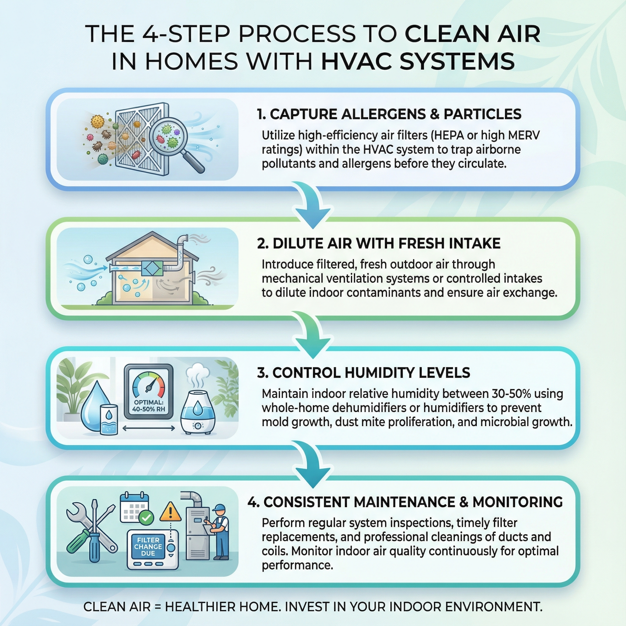 An educational infographic illustrating the four-step process of maintaining clean air in homes through HVAC systems
