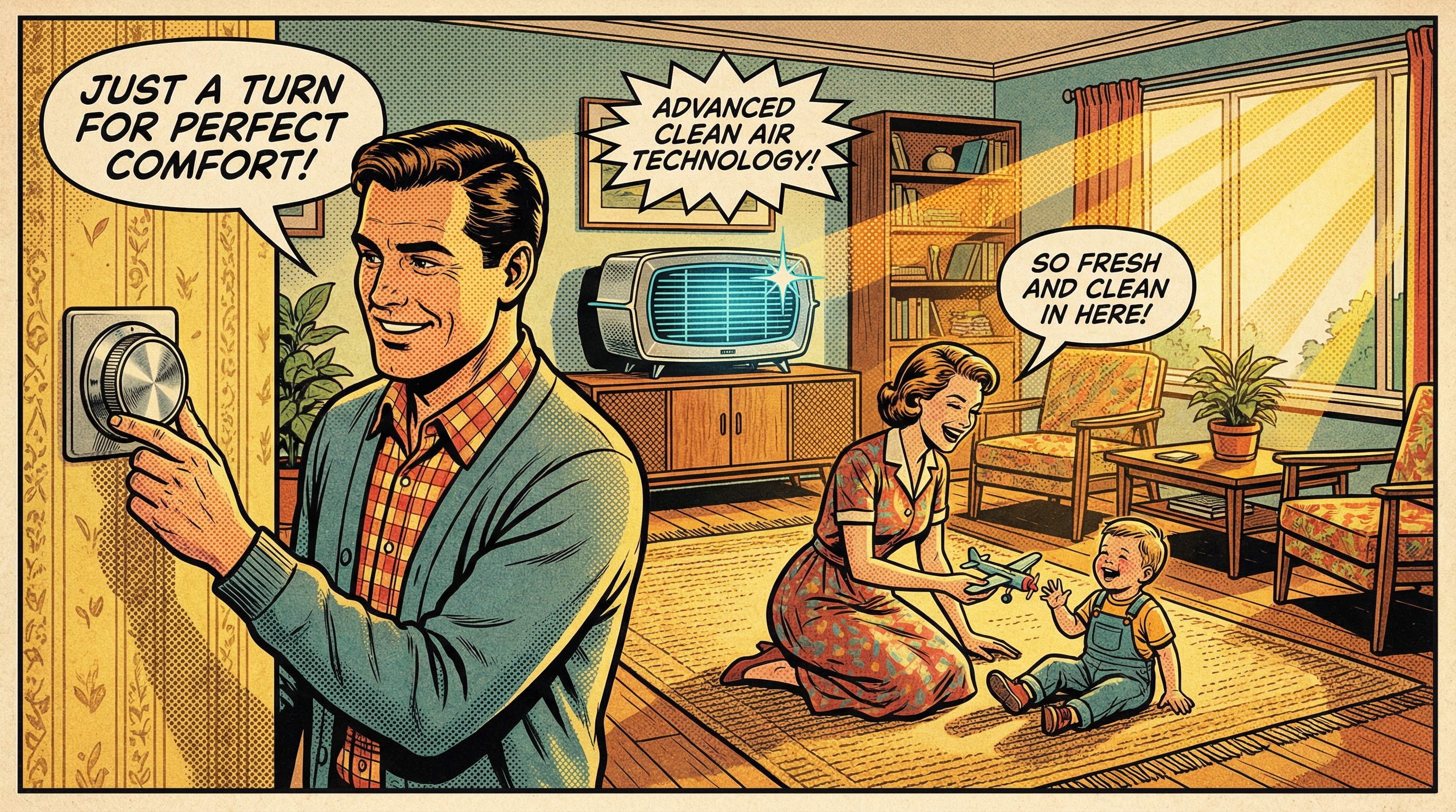 A vibrant living room scene where a family of four is engaged in a cozy gathering