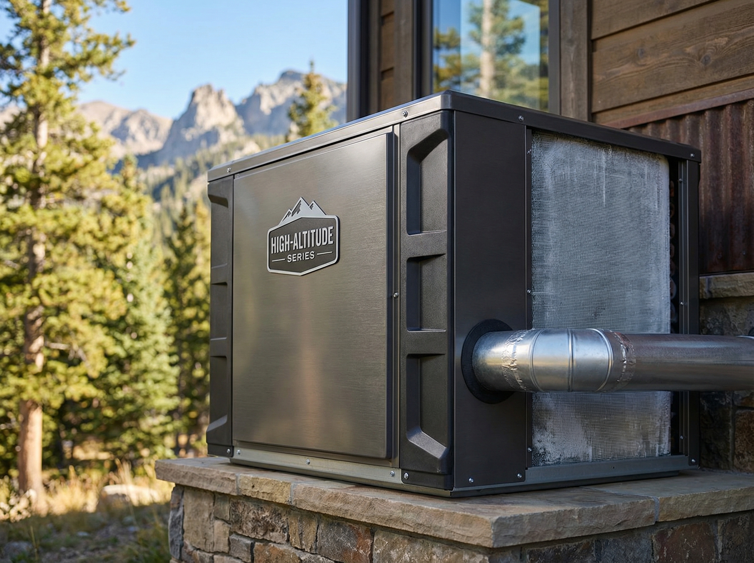 A close-up view of a high-efficiency HVAC unit installed in a mountain home, showcasing its robust design to withstand high-a